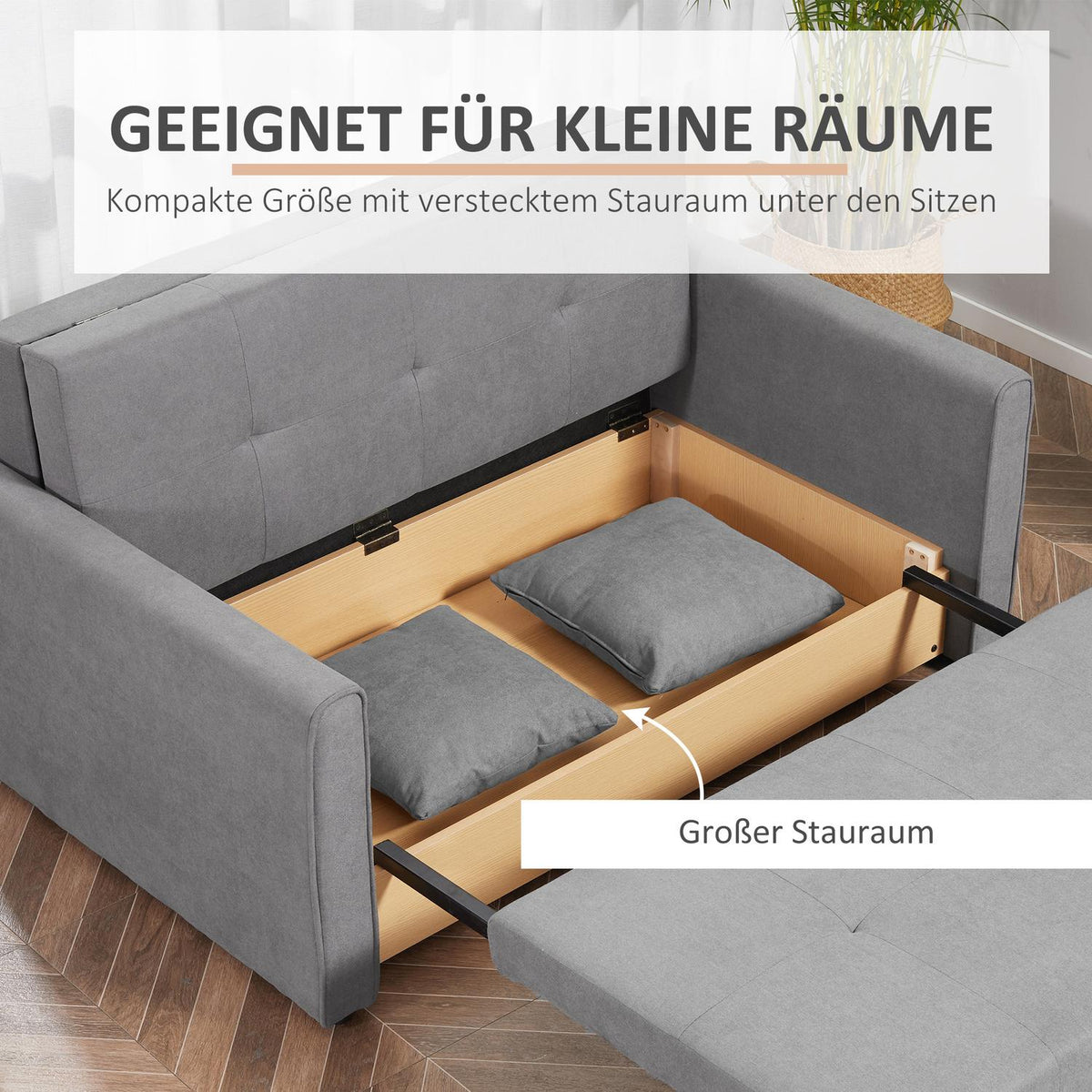 2-Seater Sofa Bed With Bed Function, Storage Space & Back Cushion, Polycotton, Wood, Gray, 152X101X81Cm