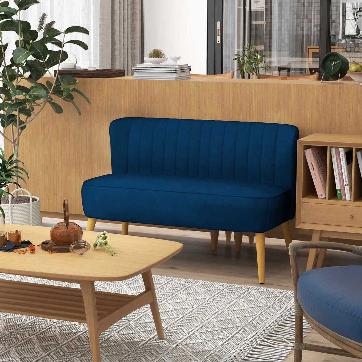 2-Seater Sofa, Blue, Wood Legs, 117 x 56.5 x 77 cm
