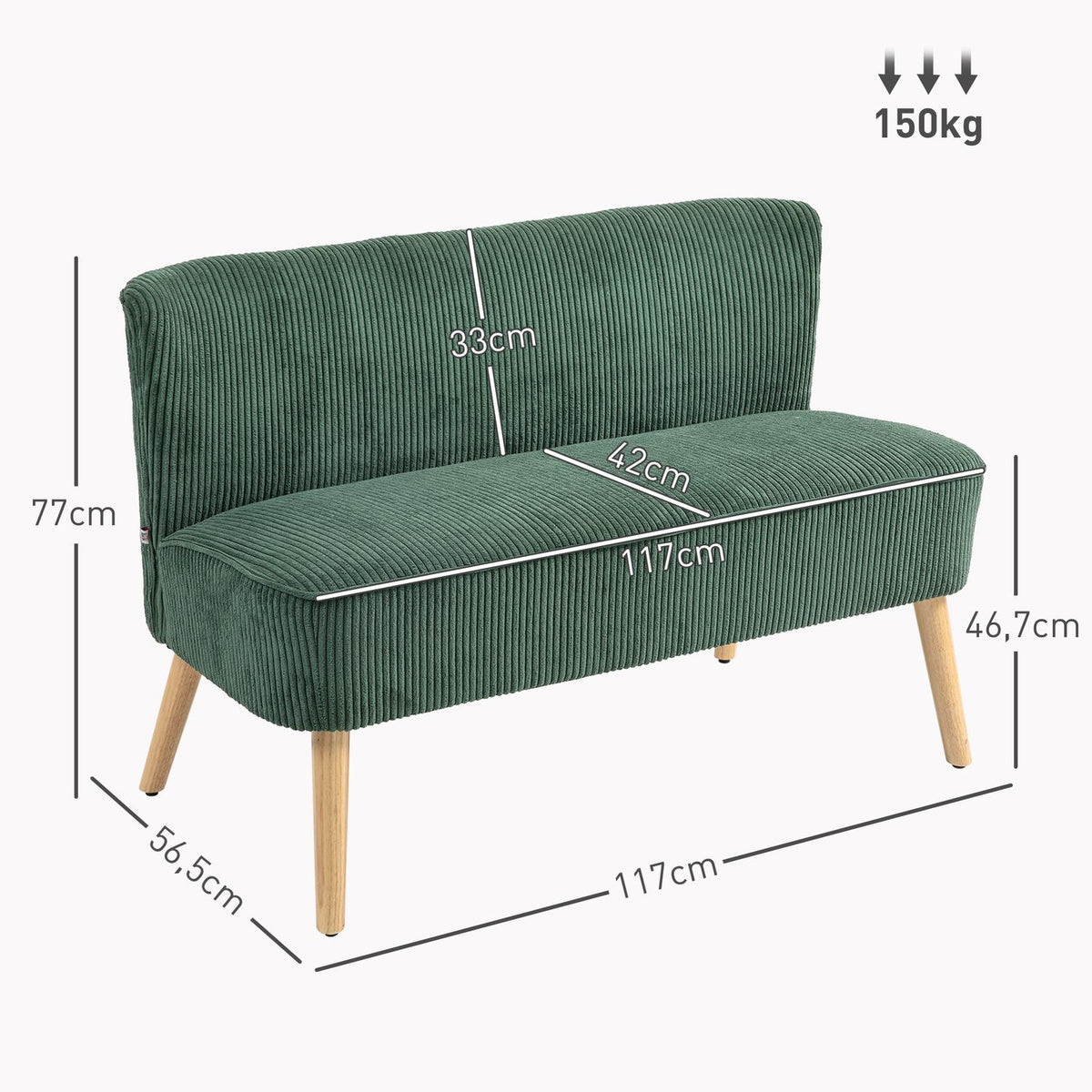 2 Seater Sofa, Corduroy Look Couch, Wooden Legs, Padded Upholstered Sofa, Double Sofa for Living Room, Bedroom, 117 x 56.5 x 77 cm, Green |