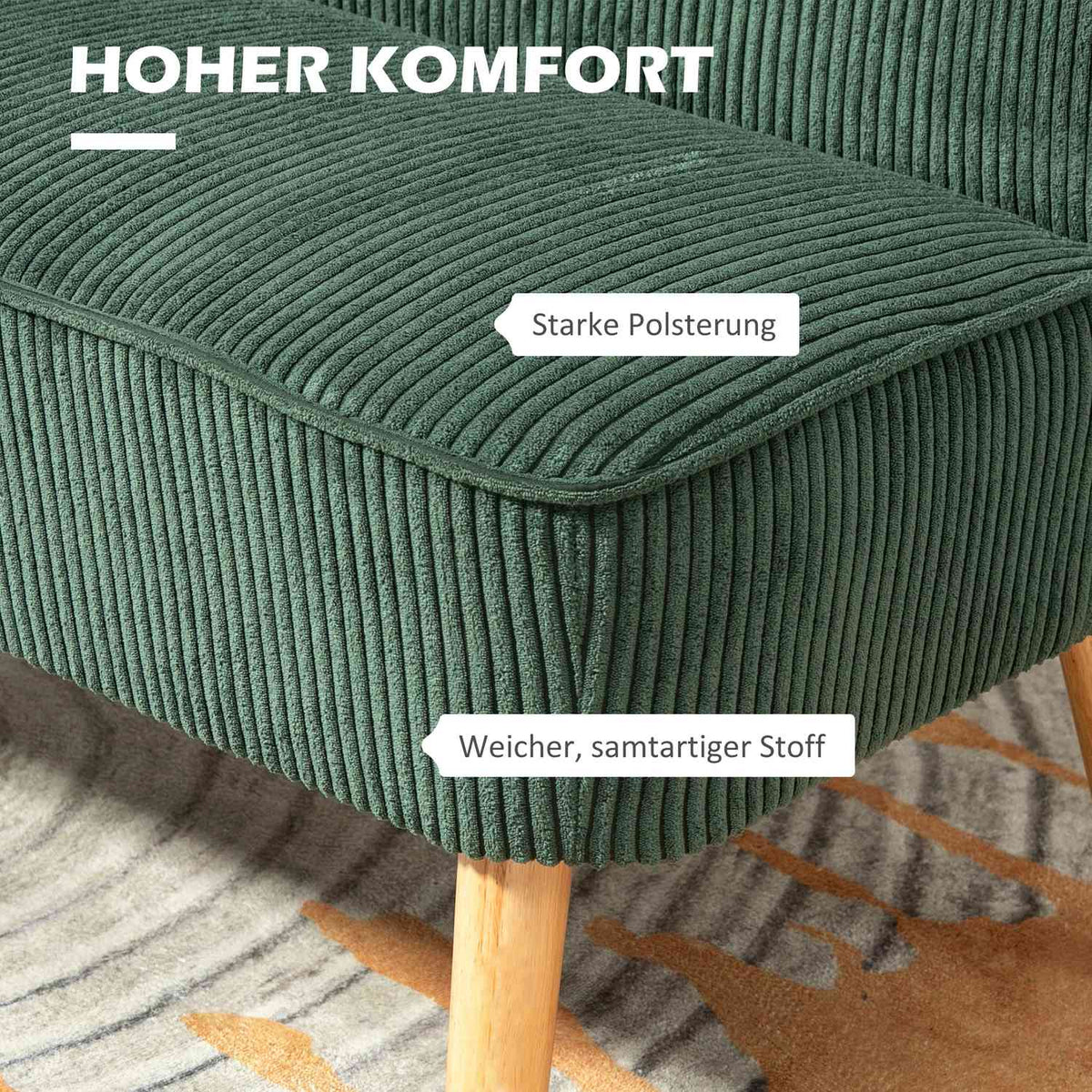 2 Seater Sofa, Corduroy Look Couch, Wooden Legs, Padded Upholstered Sofa, Double Sofa for Living Room, Bedroom, 117 x 56.5 x 77 cm, Green |