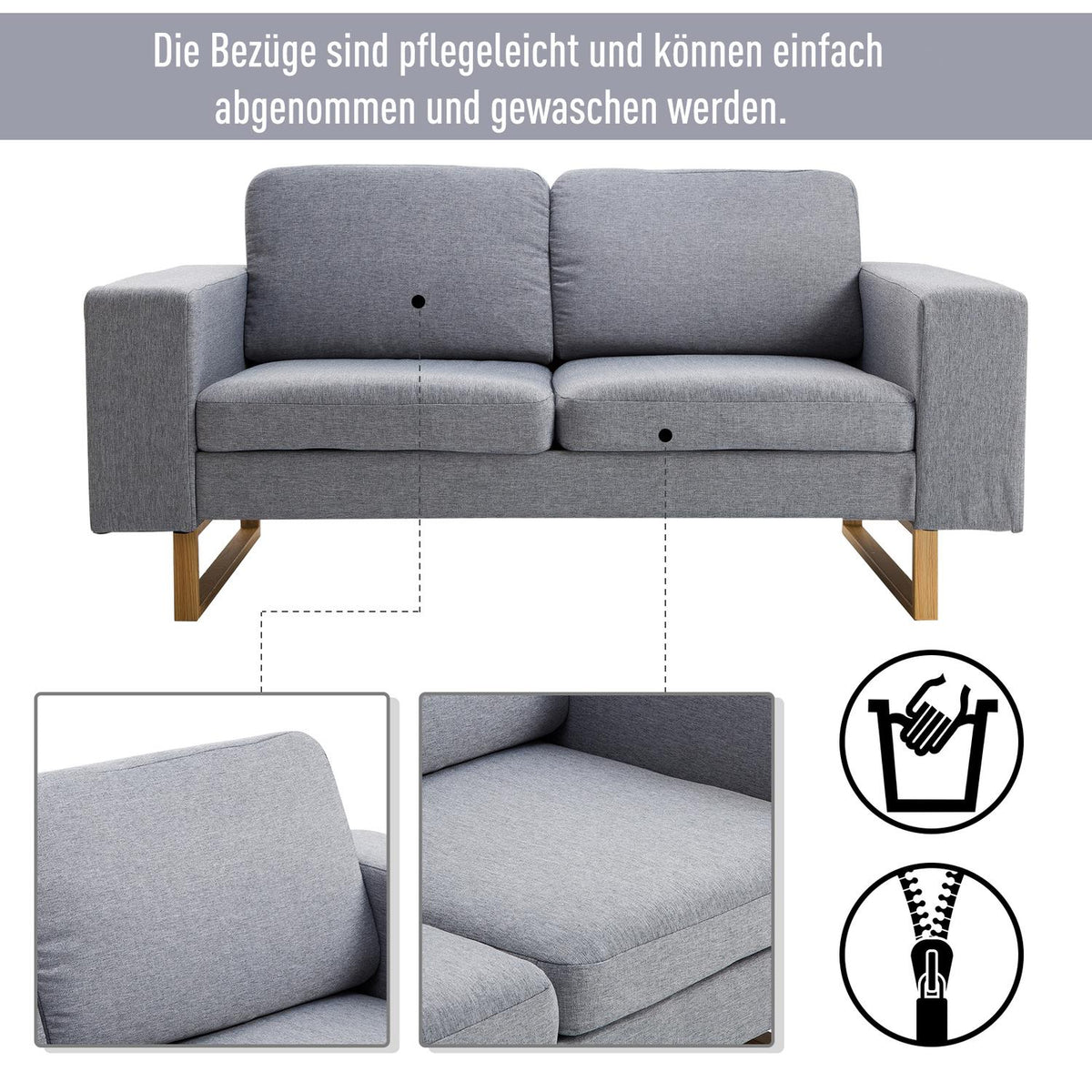 2-Seater Sofa, Corner Sofa, Upholstered Sofa, Fabric Sofa, Seating, Wood, Light Gray