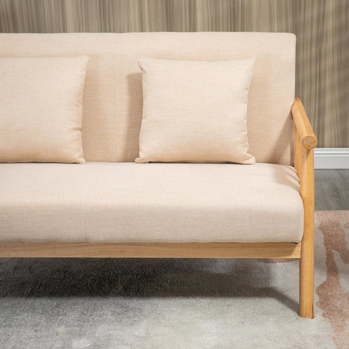2 Seater Sofa Couch 2 Lumbar Cushions Padded Wooden Frame Linen Look Double Sofa Small Rooms Beige
