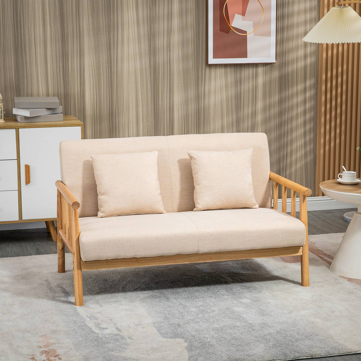 2 Seater Sofa Couch 2 Lumbar Cushions Padded Wooden Frame Linen Look Double Sofa Small Rooms Beige