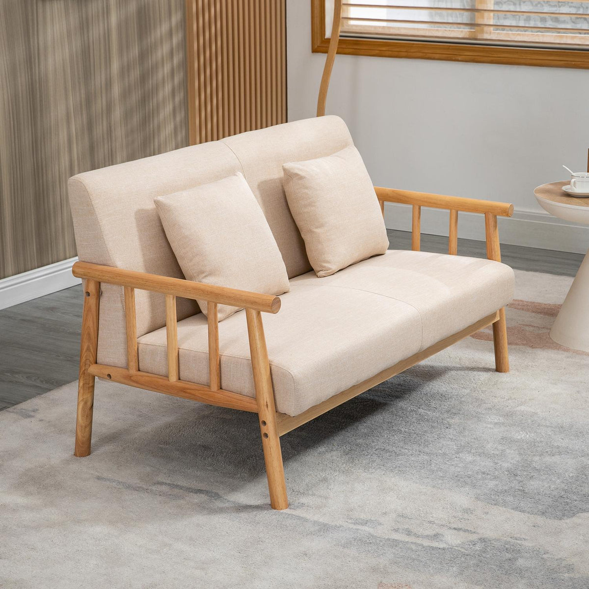 2 Seater Sofa Couch 2 Lumbar Cushions Padded Wooden Frame Linen Look Double Sofa Small Rooms Beige
