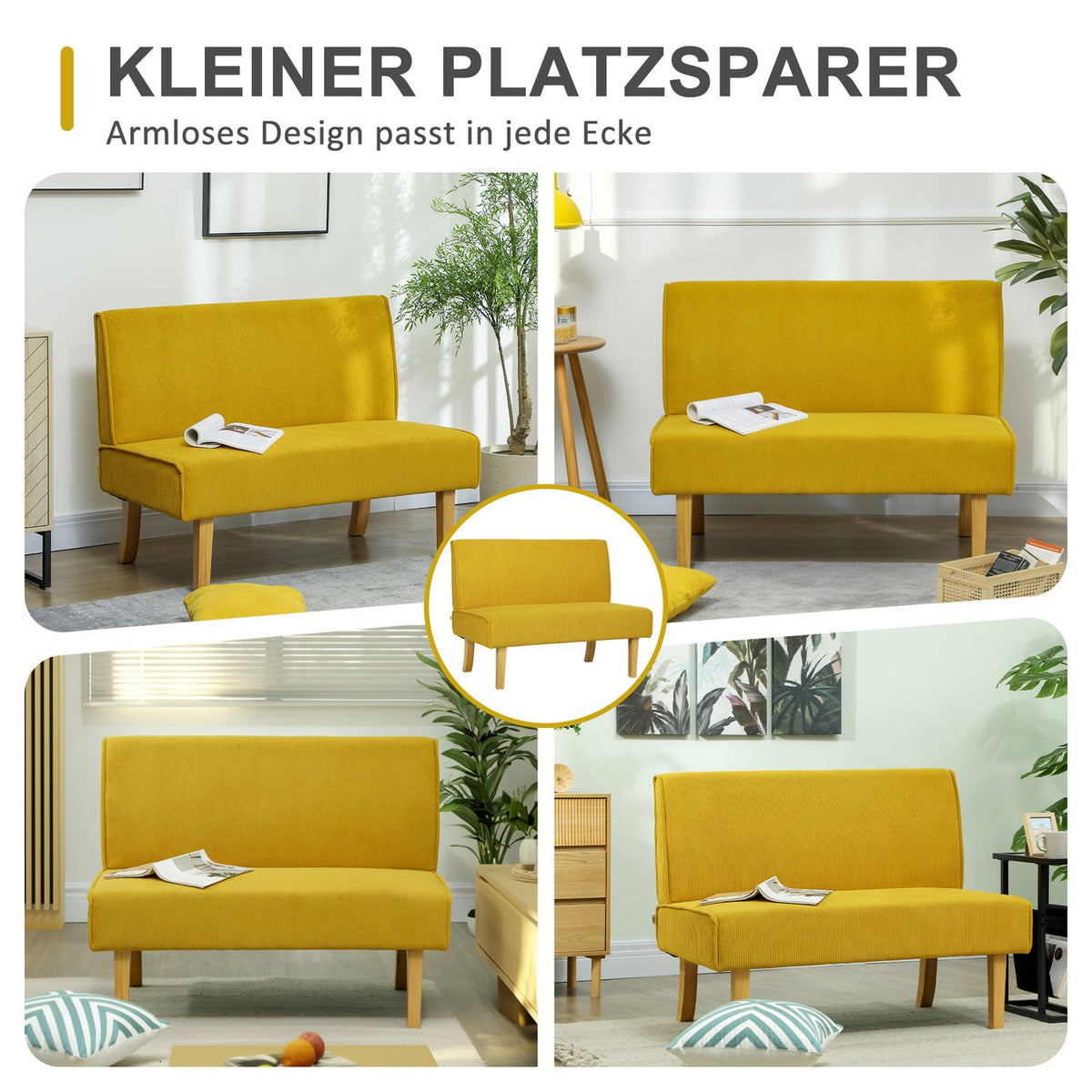 2 Seater Sofa, Couch with Corduroy Look, Wooden Legs, Padded Upholstered Sofa, Double Sofa for Bedroom, Living Room, 110 x 62 x 85 cm, Yellow