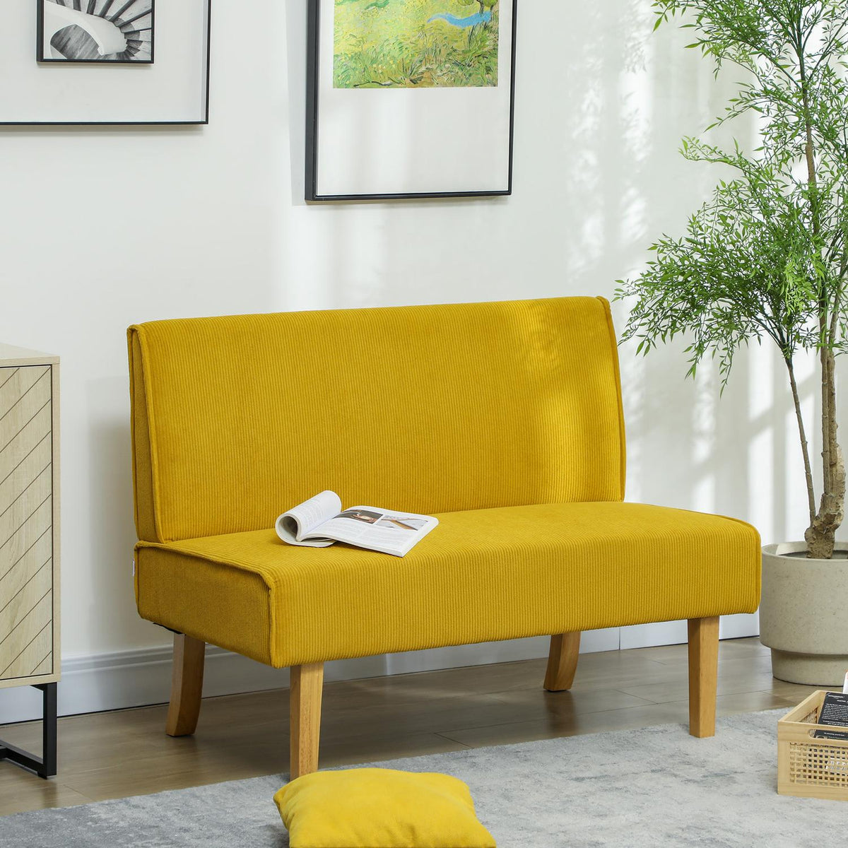 2 Seater Sofa, Couch with Corduroy Look, Wooden Legs, Padded Upholstered Sofa, Double Sofa for Bedroom, Living Room, 110 x 62 x 85 cm, Yellow
