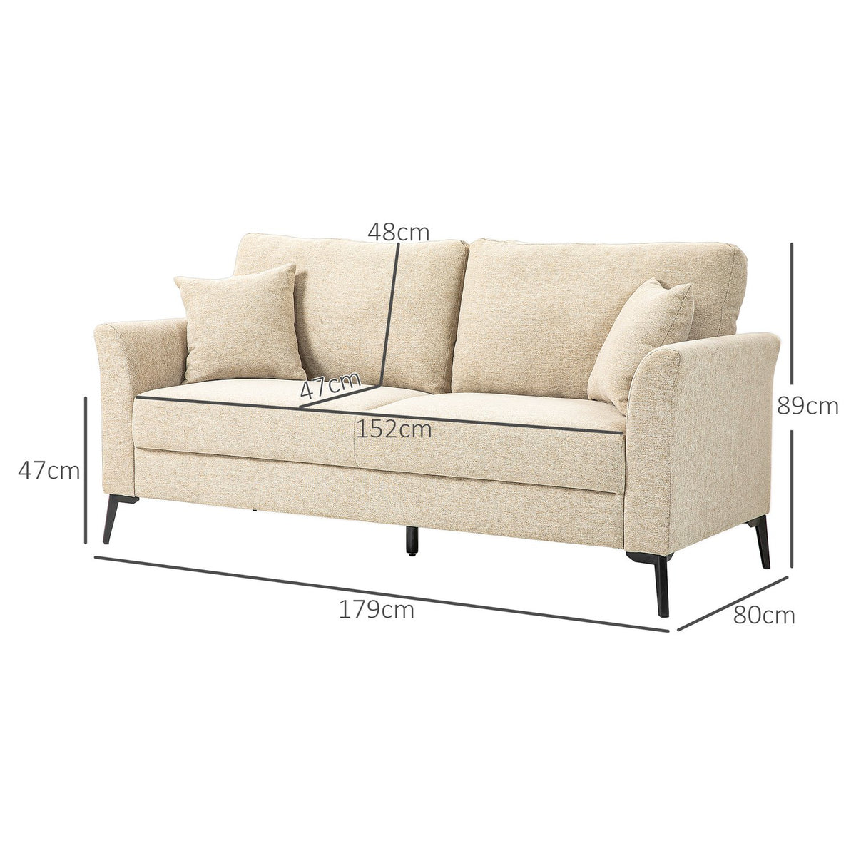 2 Seater Sofa, Couch with Linen Look, Metal Legs, Upholstered Sofa, Padded Double Sofa for Living Room, Bedroom, 179 x 80 x 89 cm, Beige