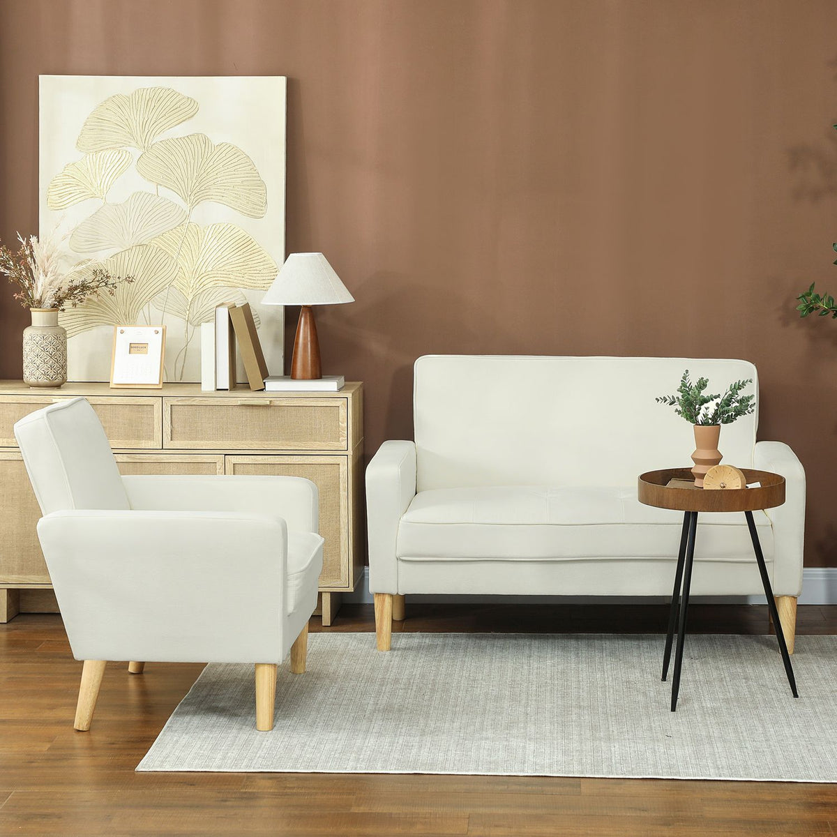 2-Seater Sofa, Cream White, Rubberwood Legs, Velvet-Look Fabric