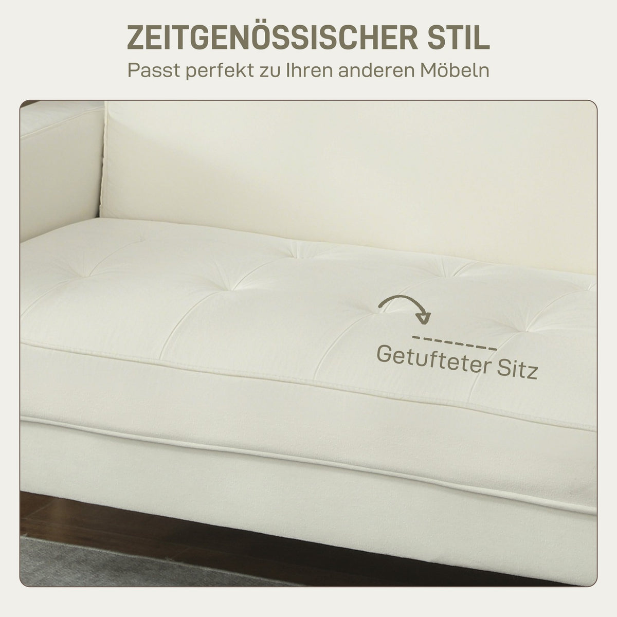 2-Seater Sofa, Cream White, Rubberwood Legs, Velvet-Look Fabric