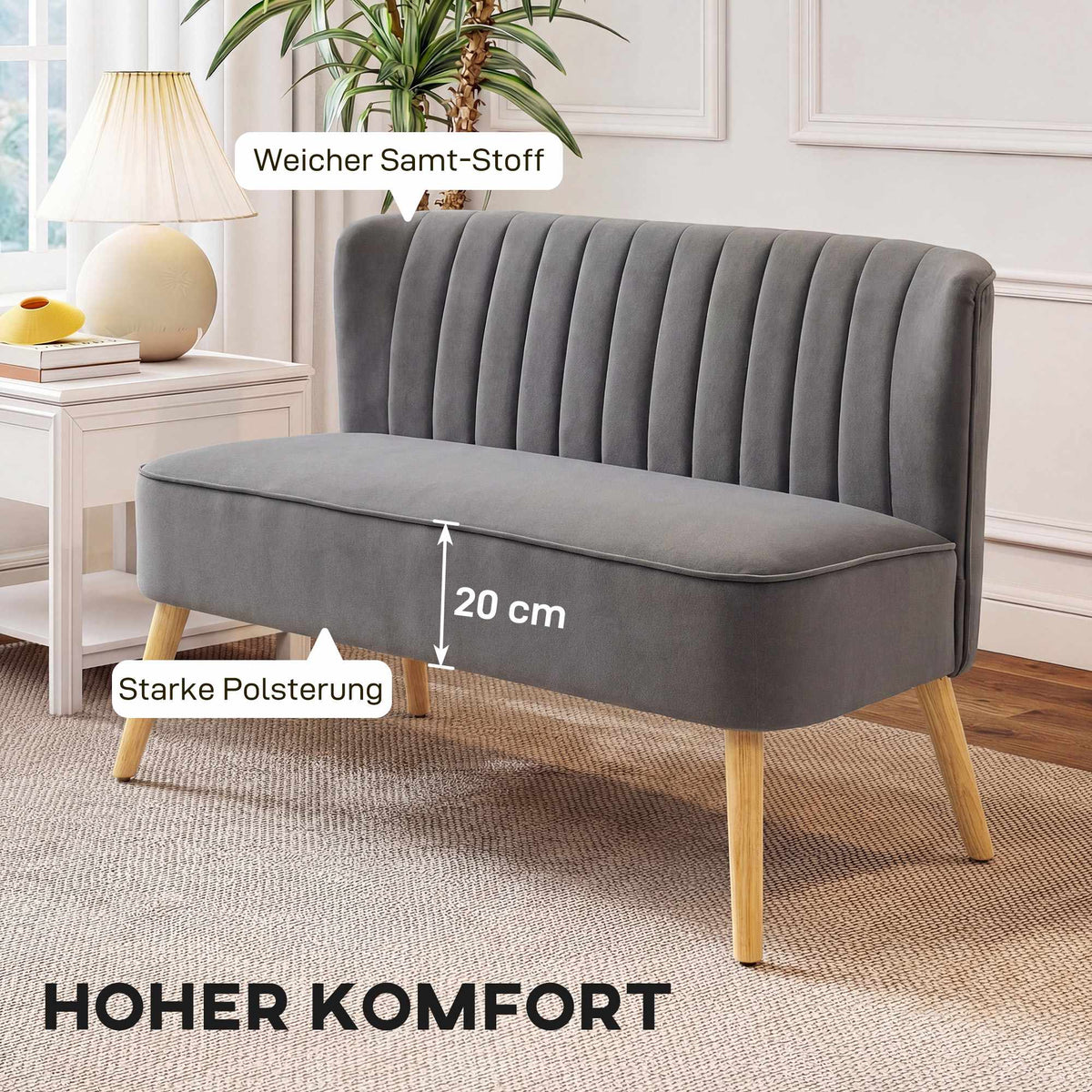 2-Seater Sofa, Dark Grey, Durable Fabric, Wooden Legs
