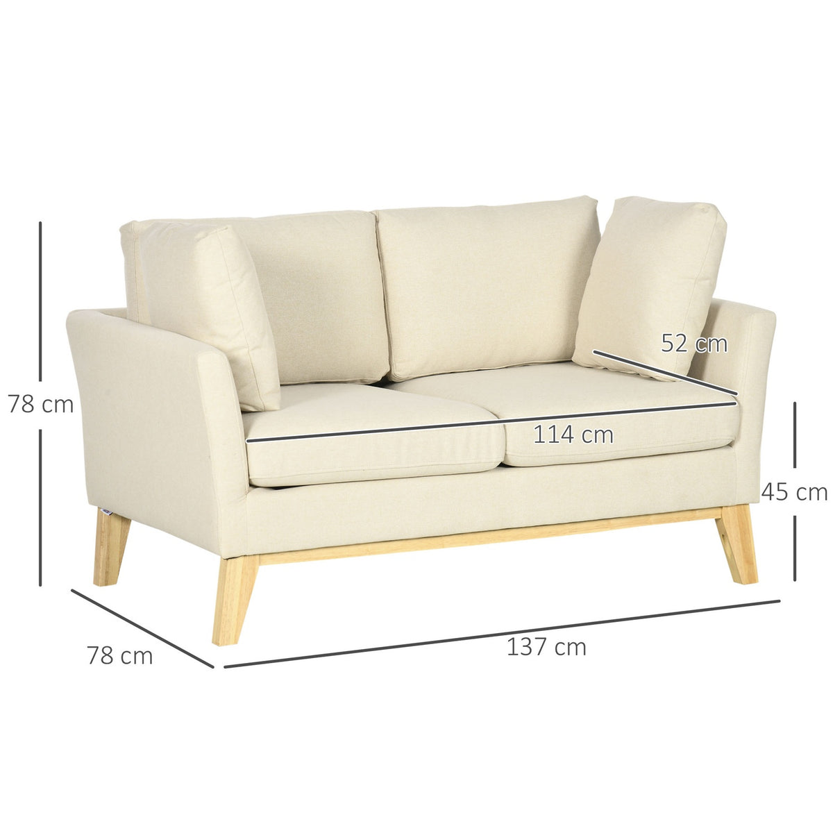 2-Seater Sofa Double Sofa In Linen Look, Two-Seater With Cushions, Loveseat With Wooden Legs, Up To 150 Kg, Beige, 137 X 78 X 78 Cm