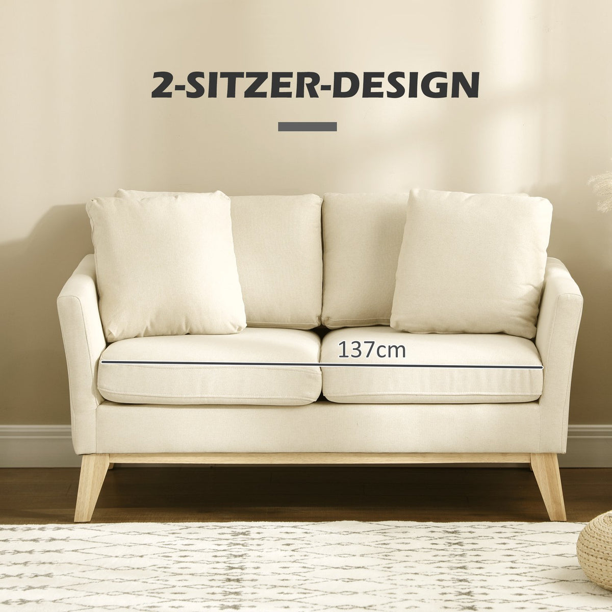 2-Seater Sofa Double Sofa In Linen Look, Two-Seater With Cushions, Loveseat With Wooden Legs, Up To 150 Kg, Beige, 137 X 78 X 78 Cm
