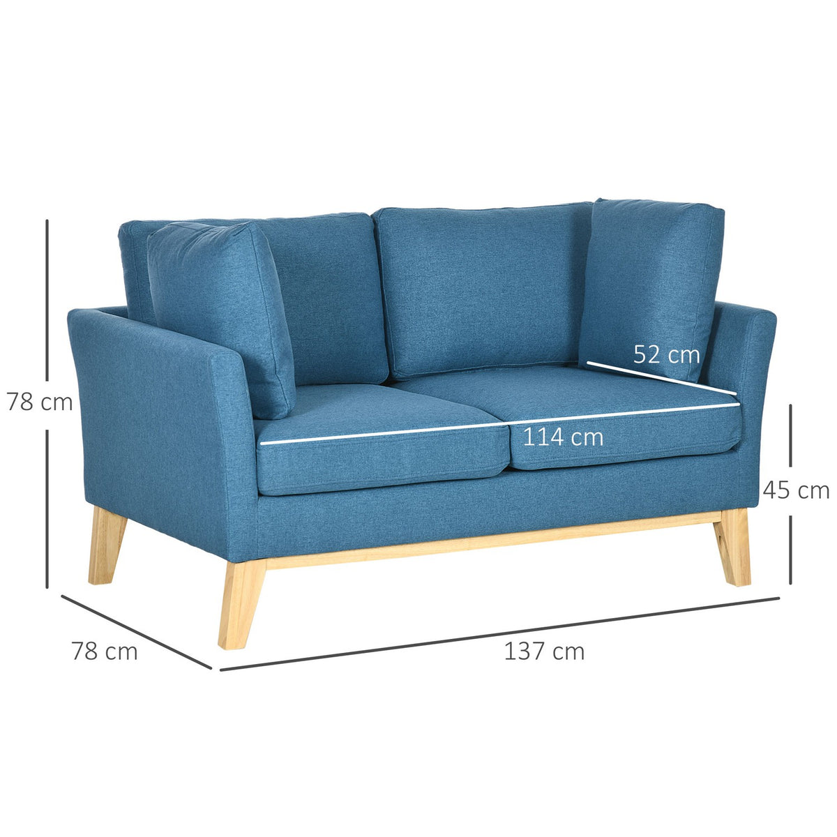 2-Seater Sofa Double Sofa Linen Look Two-Seater Cushion Wooden Legs Up To 150Kg Blue 137X78X78Cm
