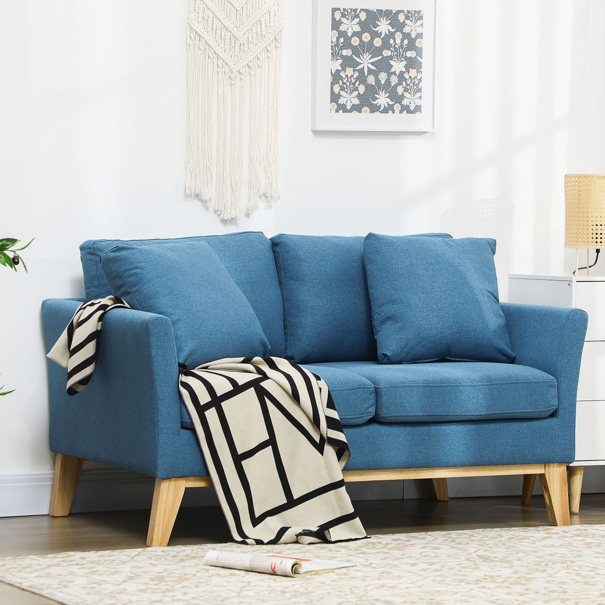 2-Seater Sofa Double Sofa Linen Look Two-Seater Cushion Wooden Legs Up To 150Kg Blue 137X78X78Cm