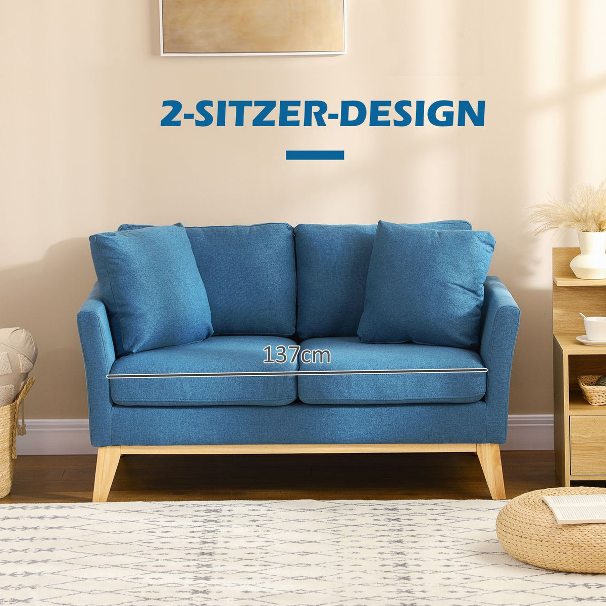 2-Seater Sofa Double Sofa Linen Look Two-Seater Cushion Wooden Legs Up To 150Kg Blue 137X78X78Cm
