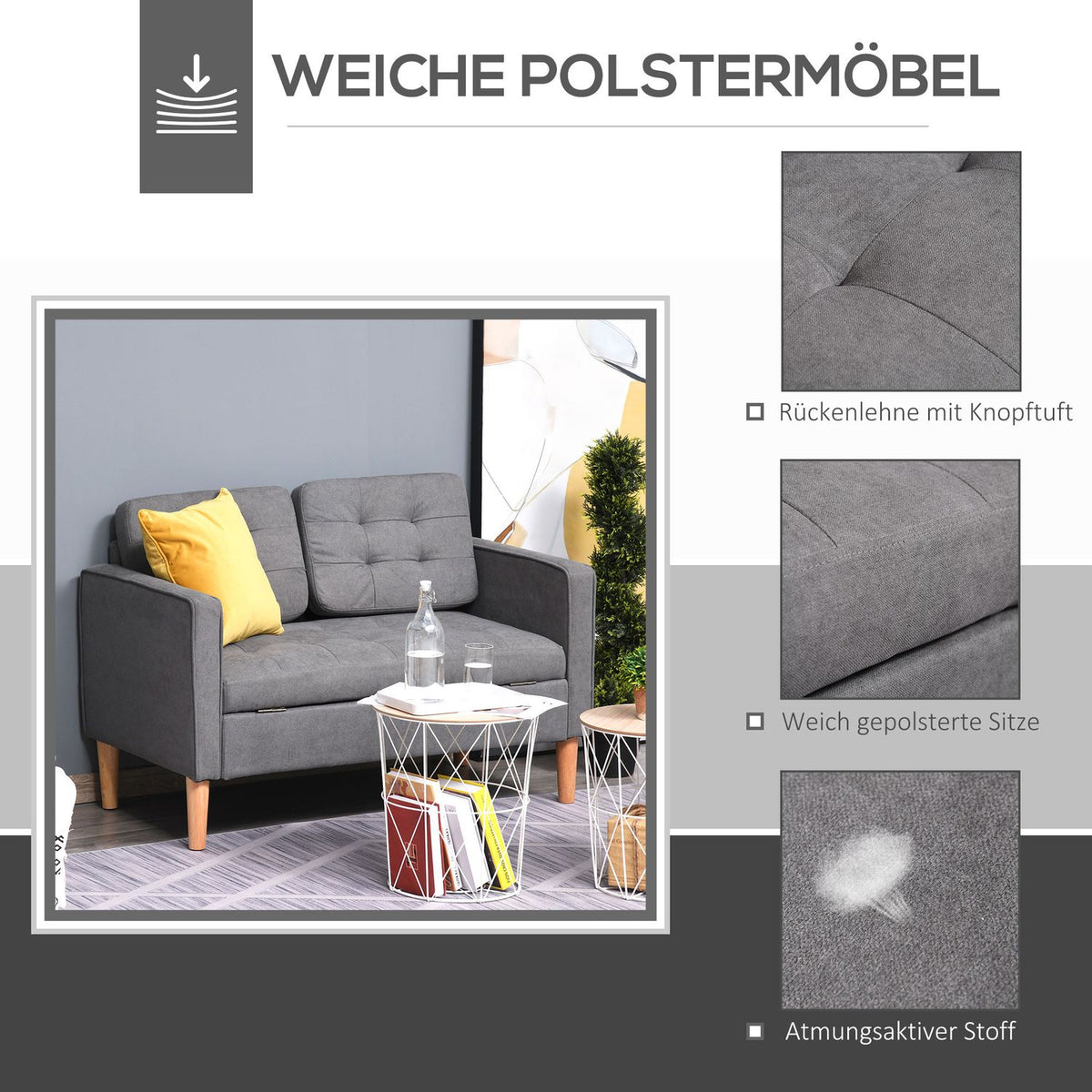 2-Seater Sofa Fabric Sofa Double Sofa Removable With Cushions Rubber Wood Cotton Gray 117 X 62 X 78 Cm