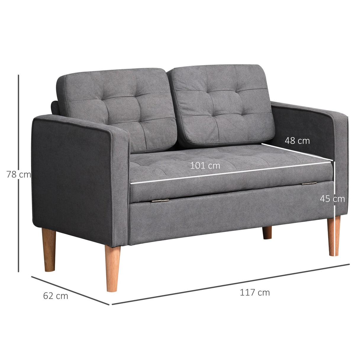 2-Seater Sofa Fabric Sofa Double Sofa Removable With Cushions Rubber Wood Cotton Gray 117 X 62 X 78 Cm