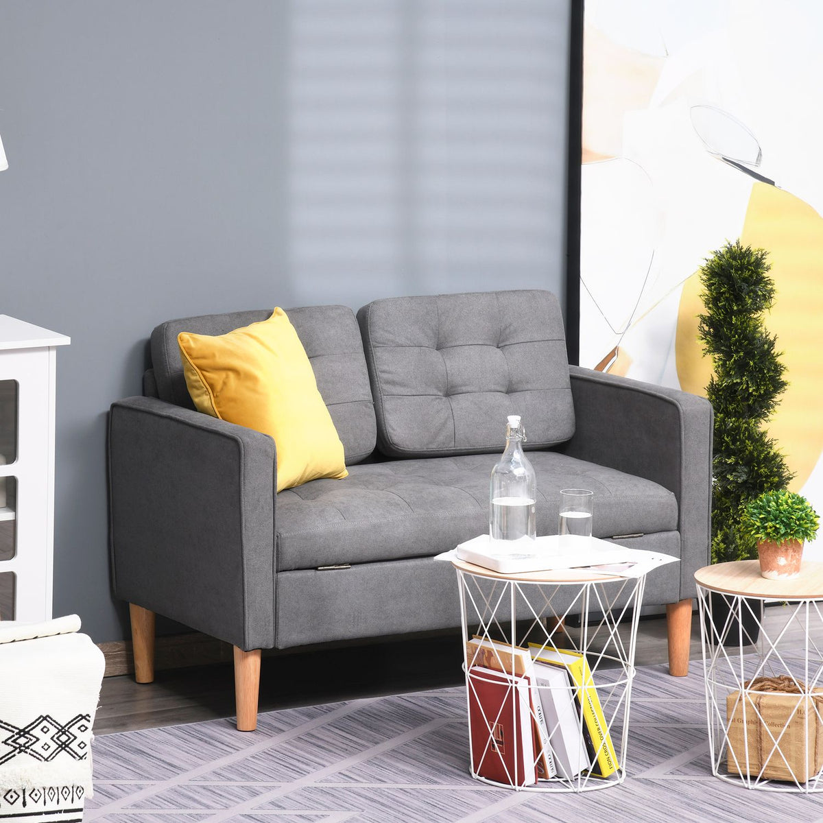 2-Seater Sofa Fabric Sofa Double Sofa Removable With Cushions Rubber Wood Cotton Gray 117 X 62 X 78 Cm