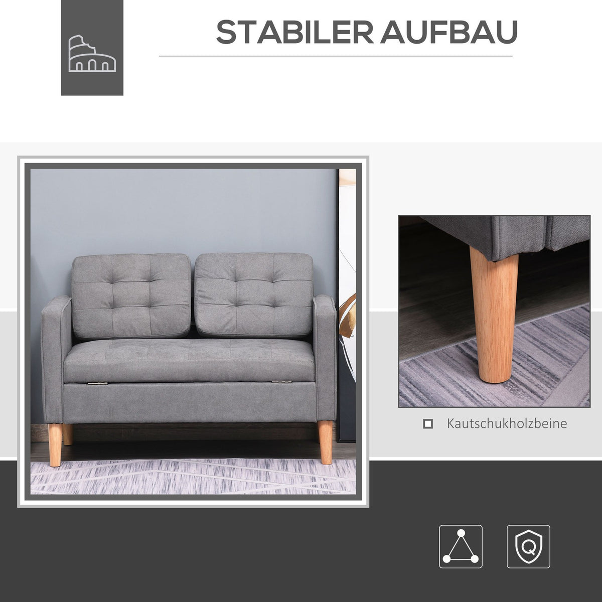 2-Seater Sofa Fabric Sofa Double Sofa Removable With Cushions Rubber Wood Cotton Gray 117 X 62 X 78 Cm