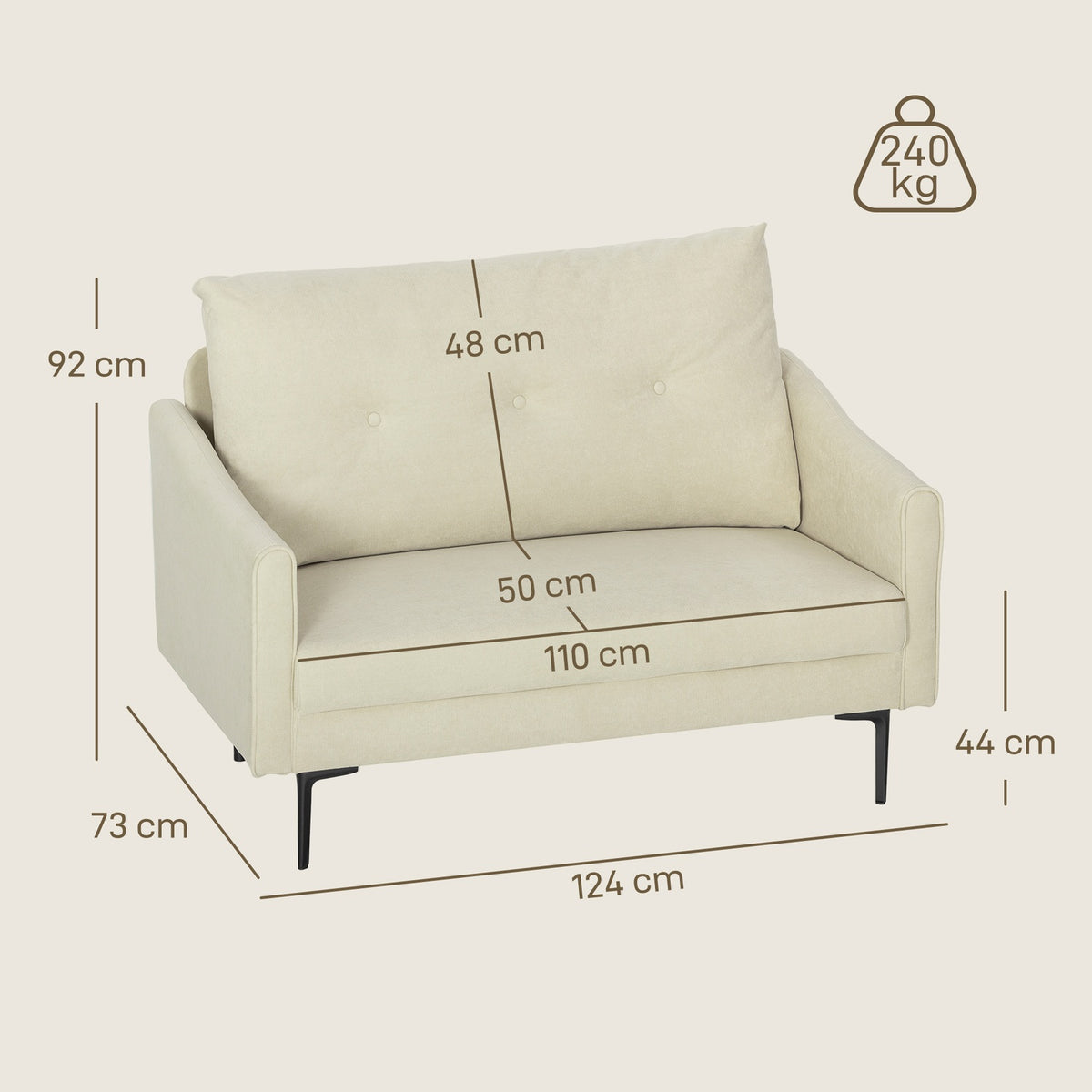 2-Seater Sofa, Foam Cushion, Fabric Cover, Cream White