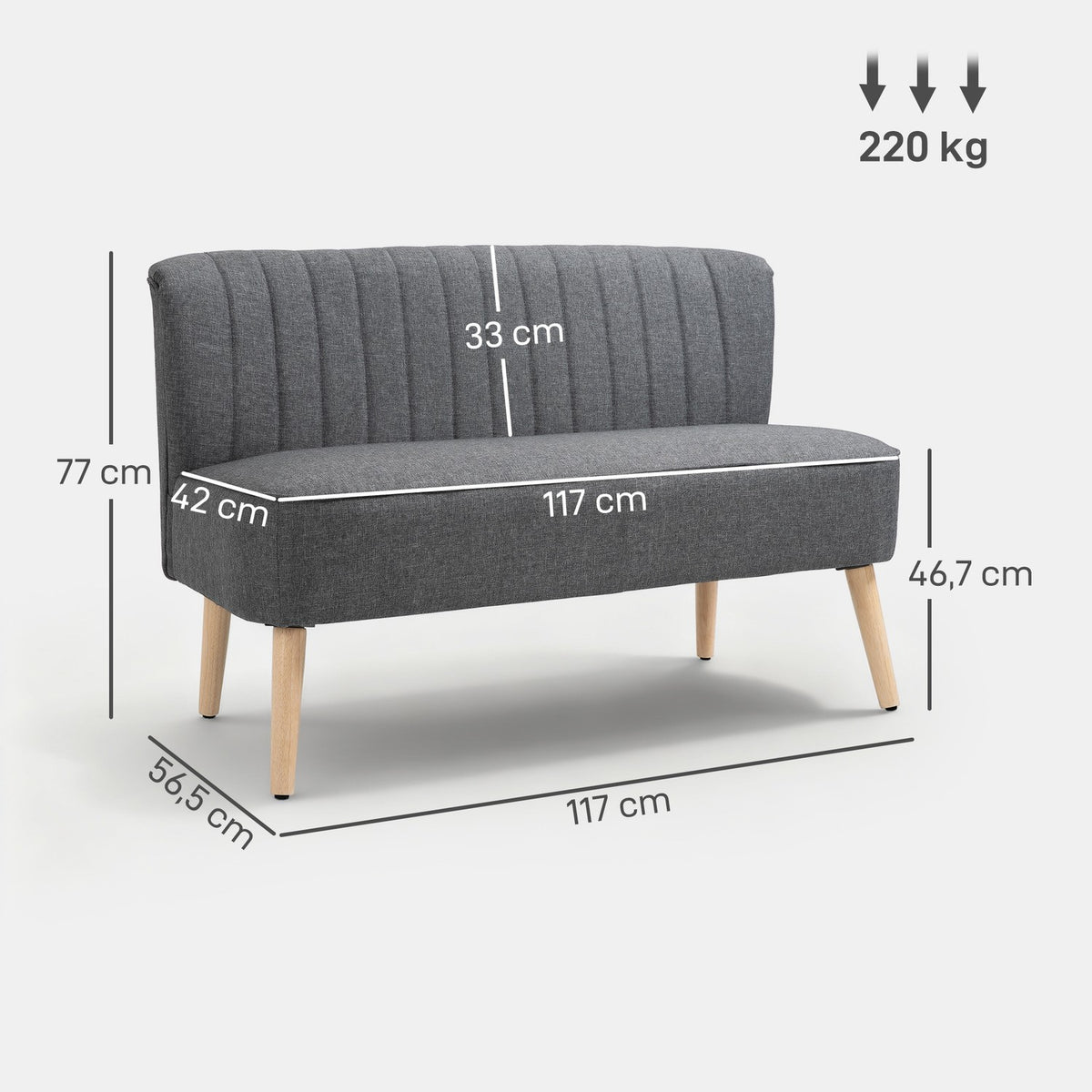 2-Seater Sofa, Linen Look, Wood Frame, 117 cm, Gray