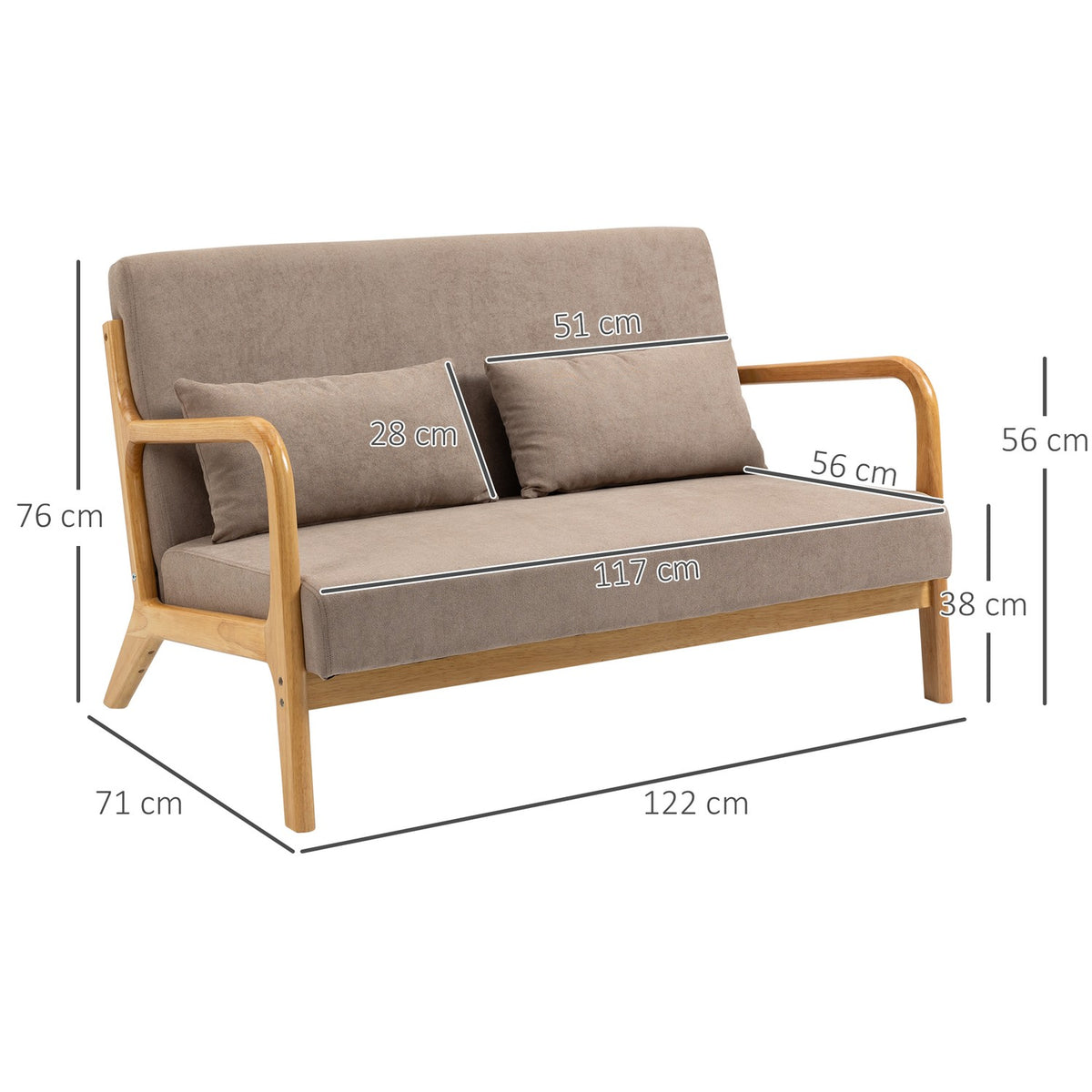 2-Seater Sofa Loveseat Two-Seater With Cushions And Velvet Look Rubber Wood, Light Gray, 122 X 71 X 76 Cm
