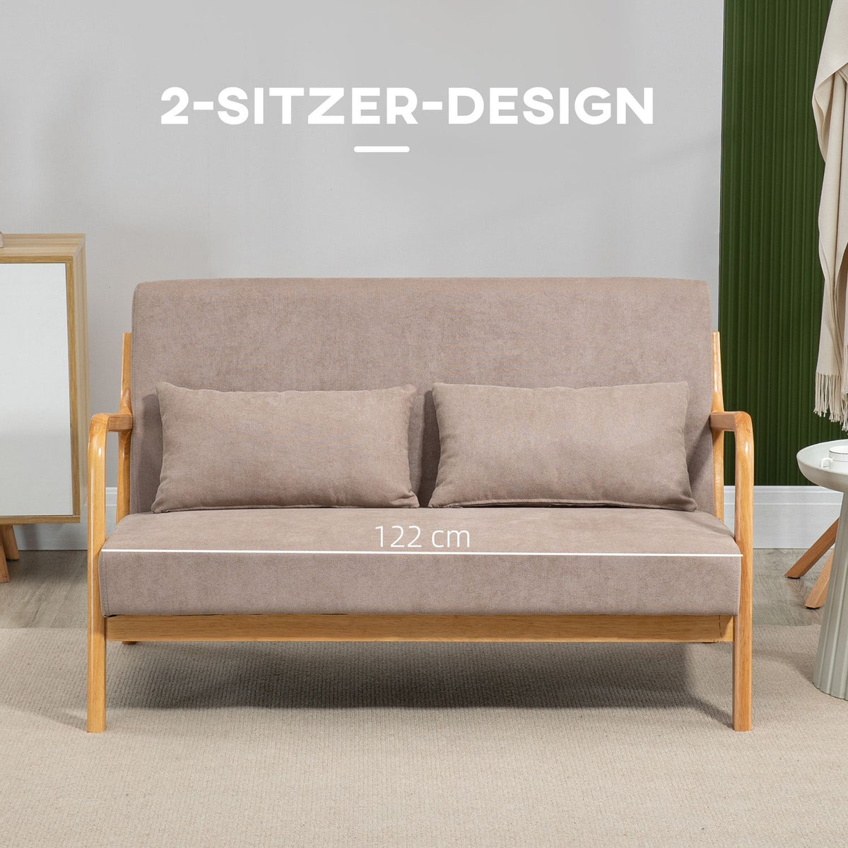 2-Seater Sofa Loveseat Two-Seater With Cushions And Velvet Look Rubber Wood, Light Gray, 122 X 71 X 76 Cm