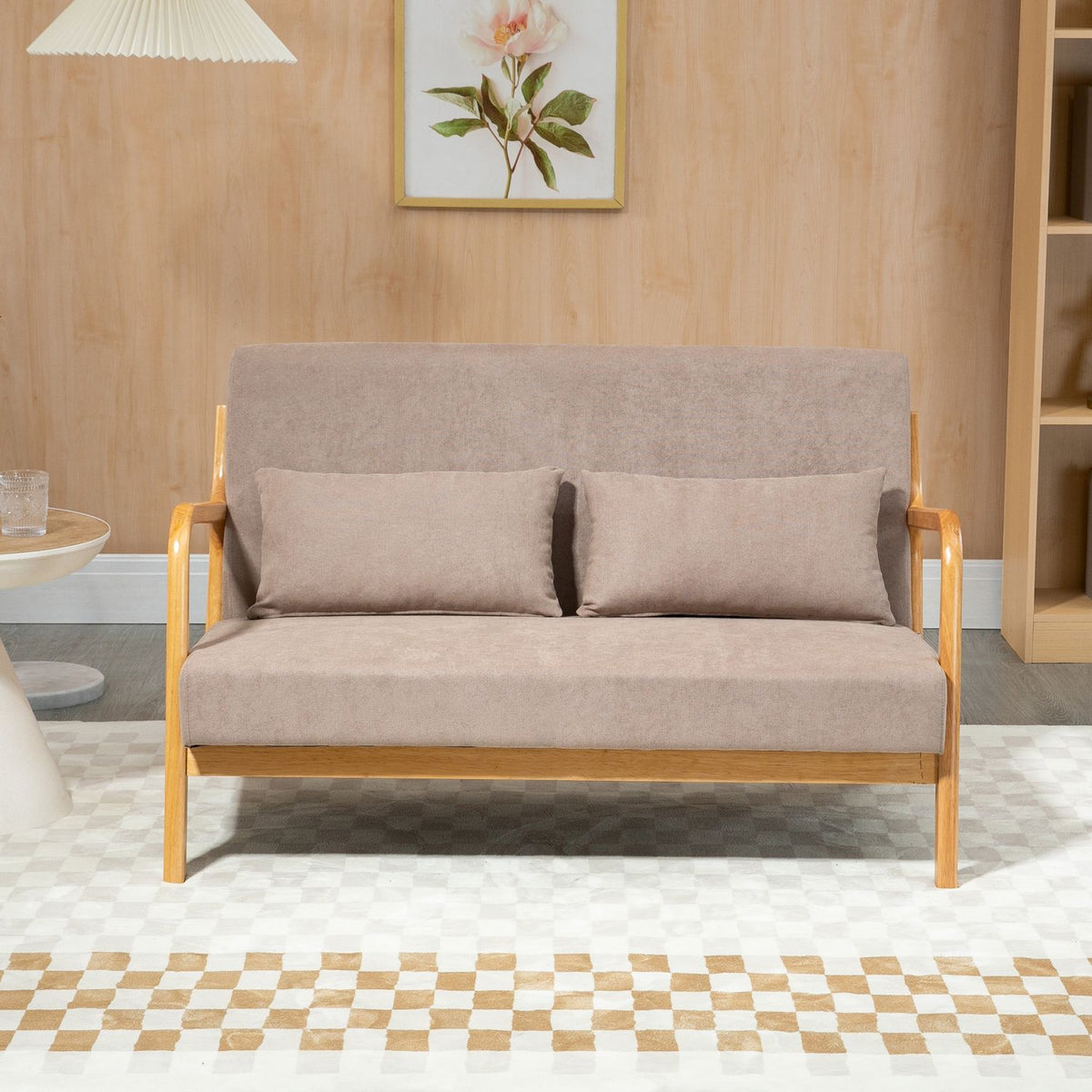 2-Seater Sofa Loveseat Two-Seater With Cushions And Velvet Look Rubber Wood, Light Gray, 122 X 71 X 76 Cm