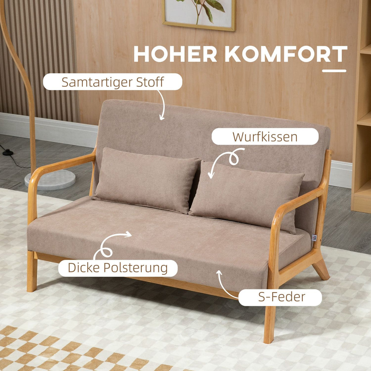 2-Seater Sofa Loveseat Two-Seater With Cushions And Velvet Look Rubber Wood, Light Gray, 122 X 71 X 76 Cm