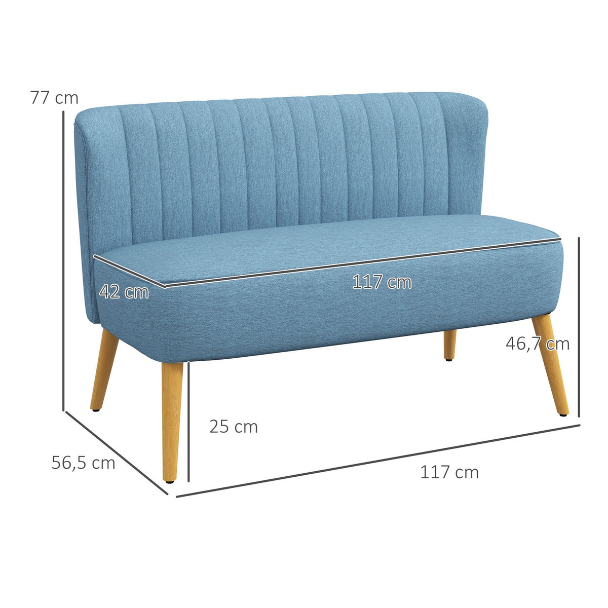 2-Seater Sofa, Loveseat With Linen Look, Double Sofa With Wooden Legs, Load Capacity Up To 150 Kg, Blue, 117 X 56.5 X 77 Cm