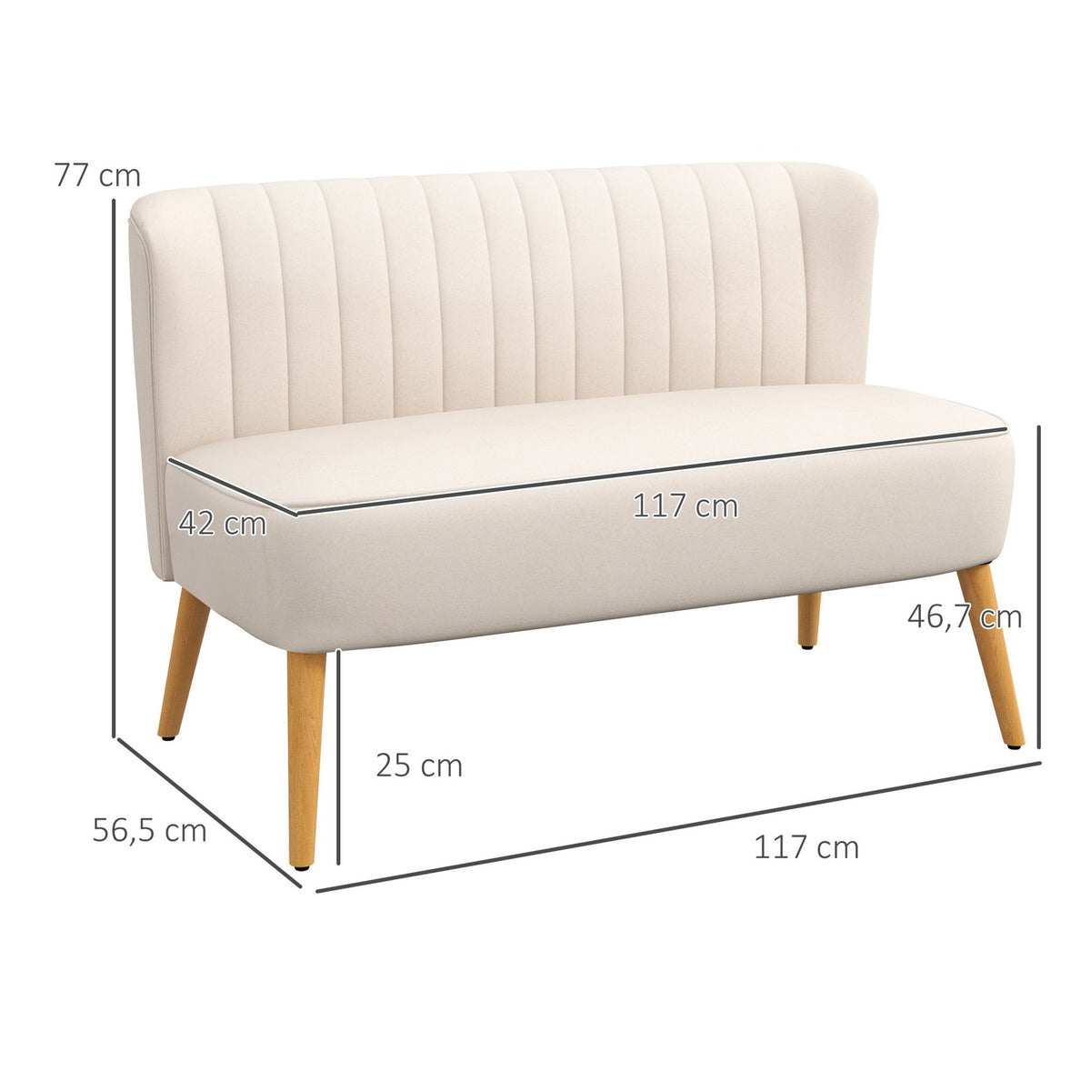 2-Seater Sofa, Loveseat With Linen Look, Double Sofa With Wooden Legs, Load Capacity Up To 150 Kg, Cream White, 117 X 56.5 X 77 Cm