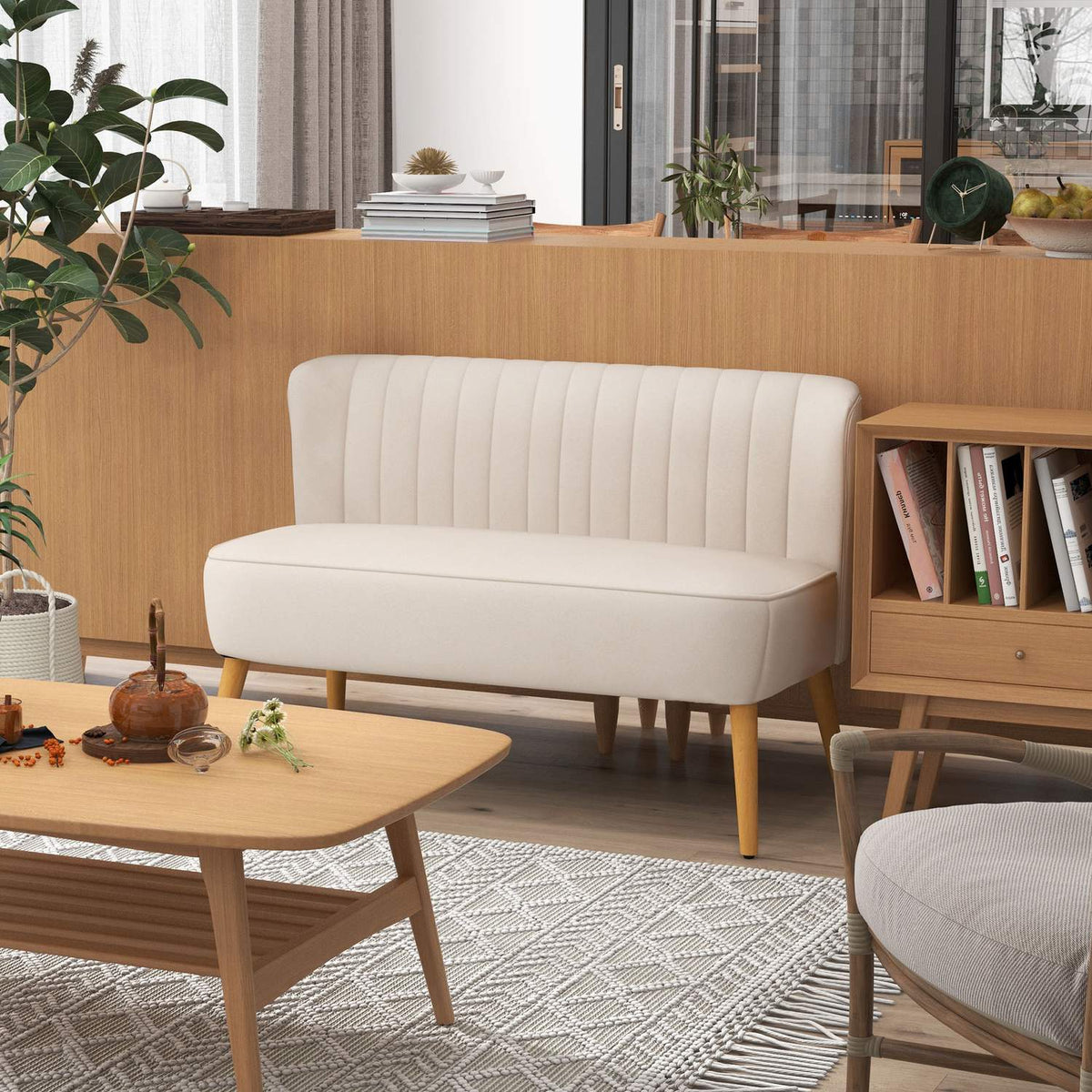 2-Seater Sofa, Loveseat With Linen Look, Double Sofa With Wooden Legs, Load Capacity Up To 150 Kg, Cream White, 117 X 56.5 X 77 Cm