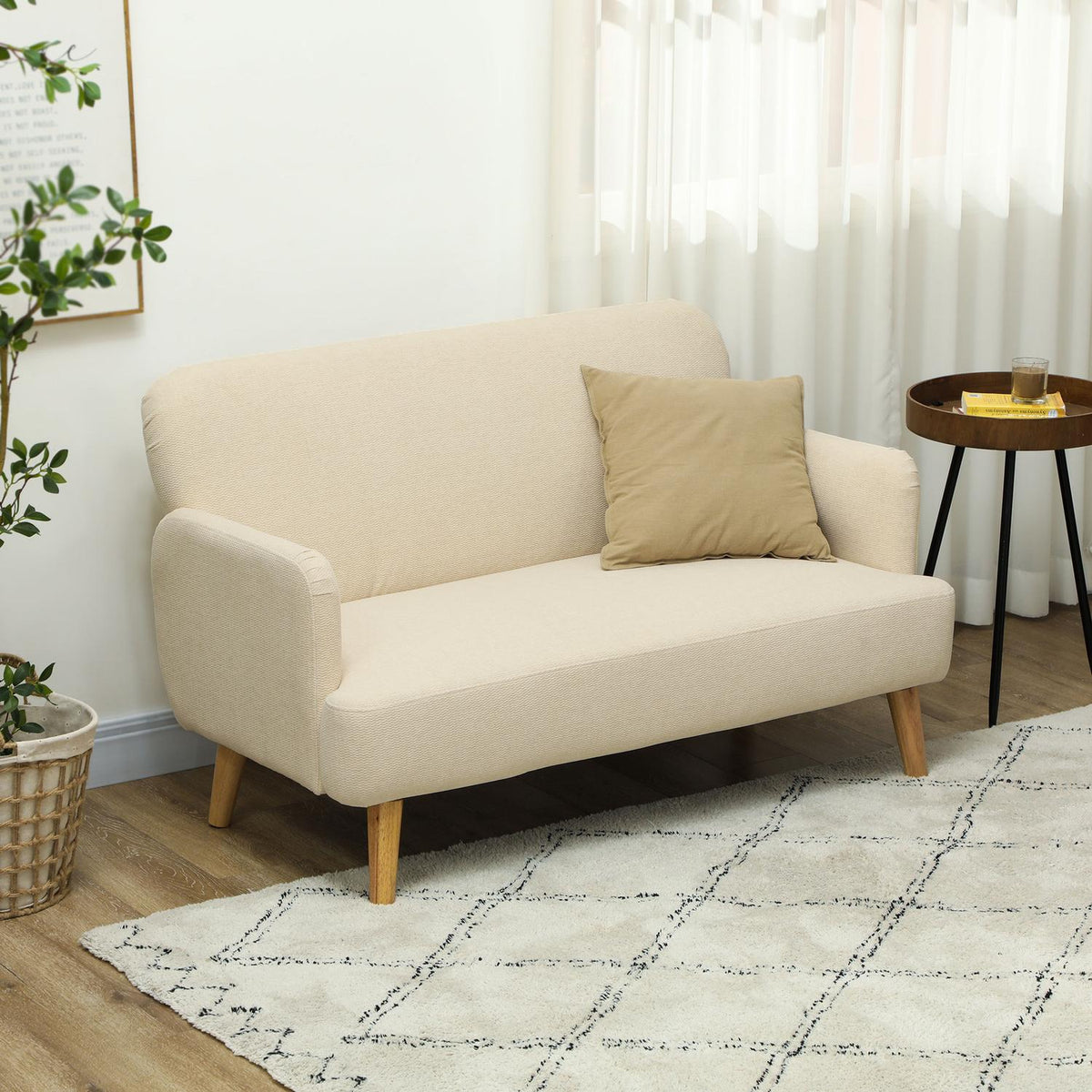 2 Seater Sofa, Small Velvet Look Couch, Wooden Legs, Thick Padded Upholstered Sofa with Armrests for Living Room, Bedroom, 130 x 74 x 79 cm, Cream White