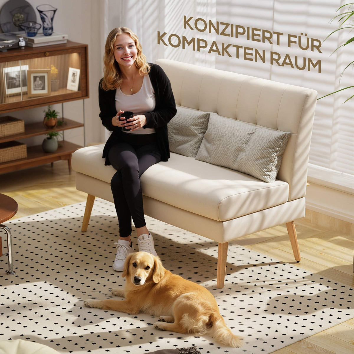 2-Seater Sofa, Tufted Back, Wood Legs, Linen Look, Beige