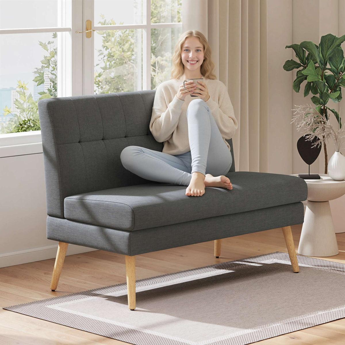2-Seater Sofa, Tufted Back, Wood Legs, Linen Look, Grey