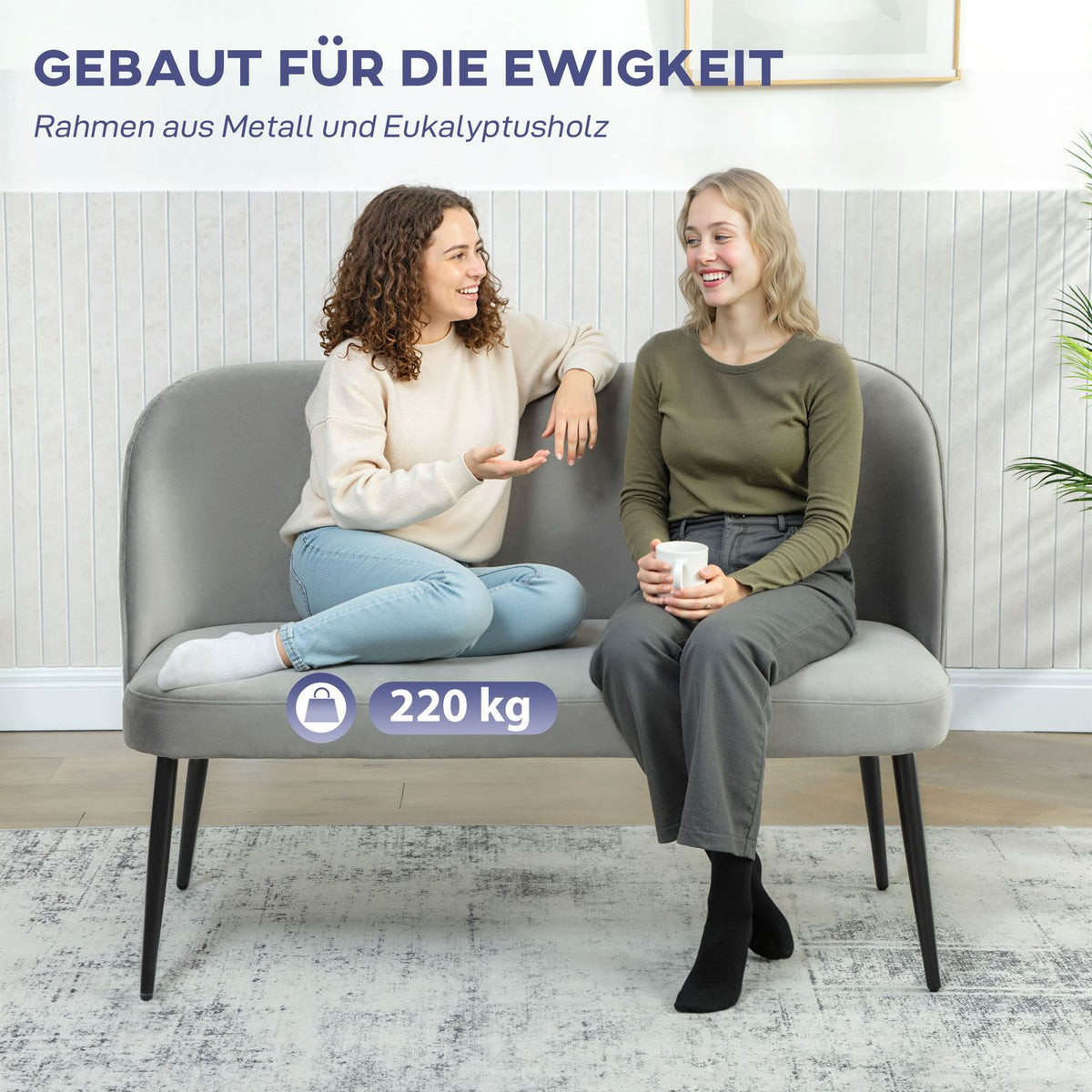 2-Seater Sofa, Velvet Fabric, Metal & Wood Frame, Gray