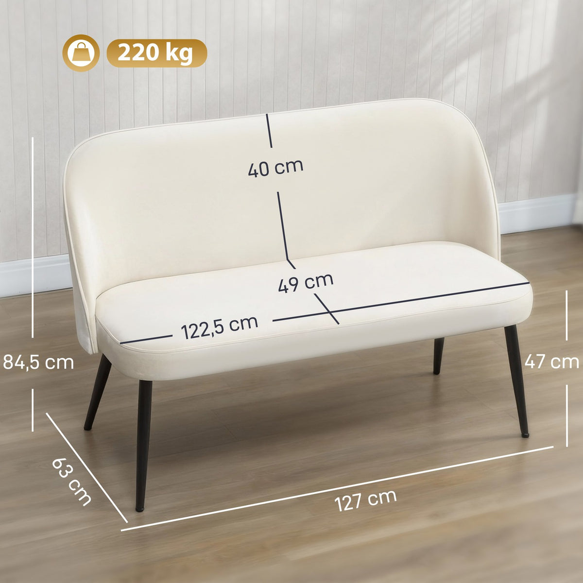 2-Seater Sofa, Velvet-Like Fabric, Metal & Wood Frame, Beige
