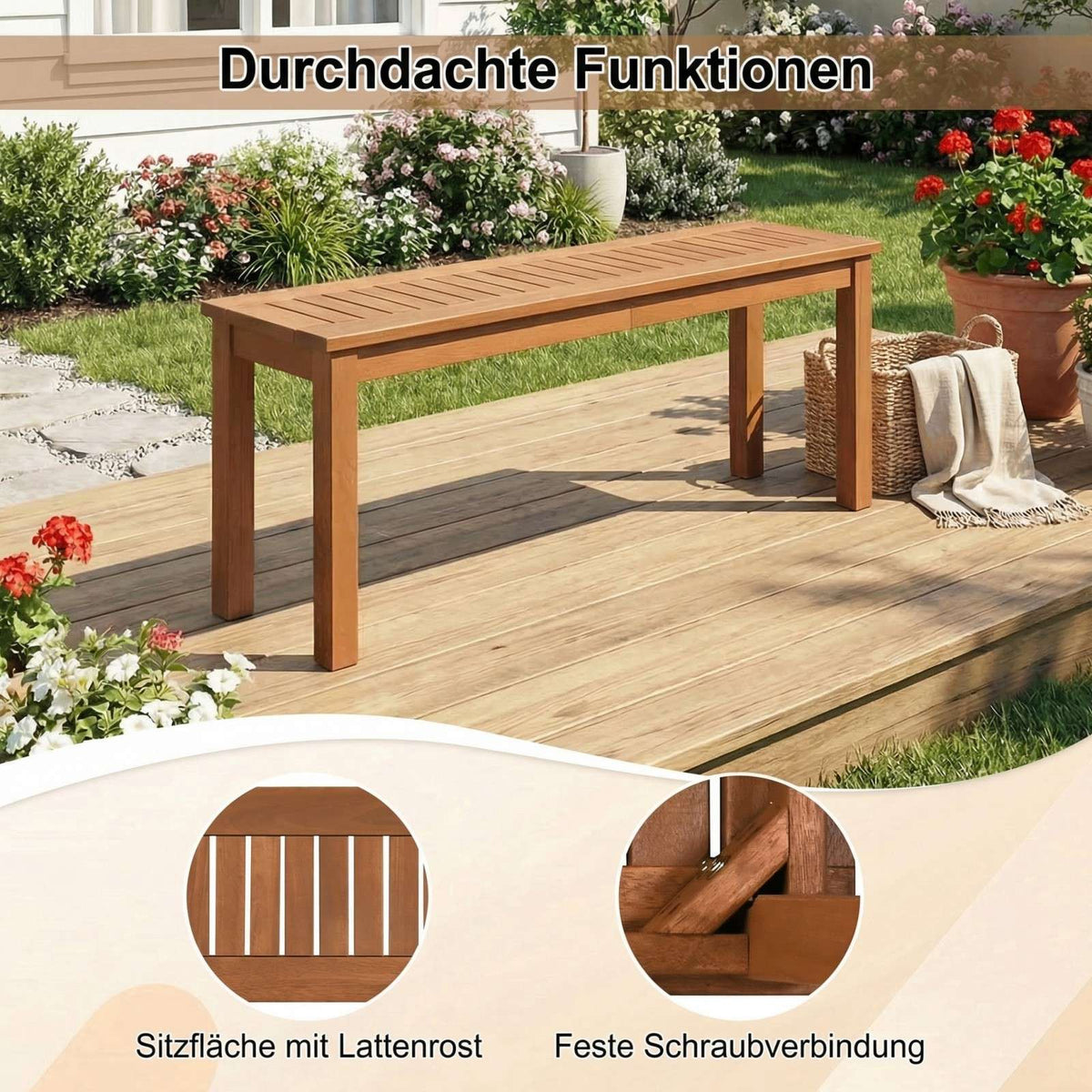 2-Seater Wooden Garden Bench, Teak Oil Finish, 120cm