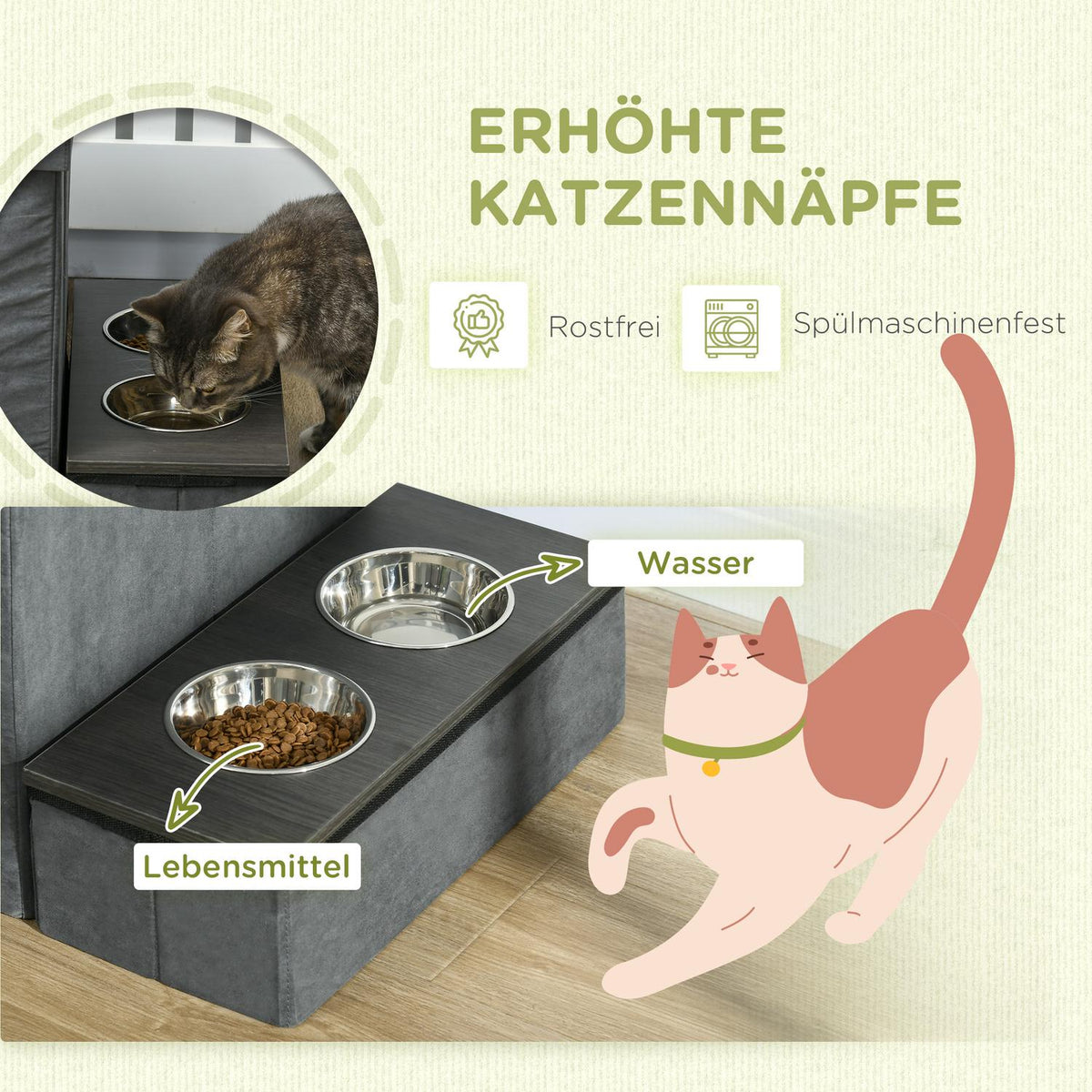 2 Stainless Steel Bowls, Cat Bed, For Small Animals Up To 8Kg, Polyester, Grey