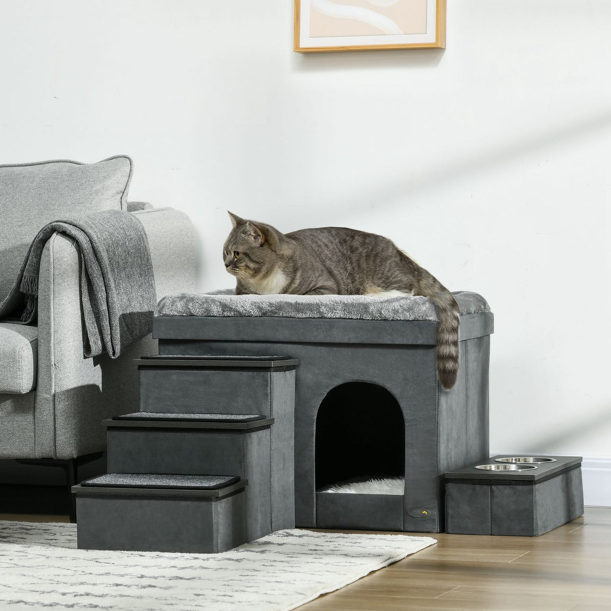 2 Stainless Steel Bowls, Cat Bed, For Small Animals Up To 8Kg, Polyester, Grey