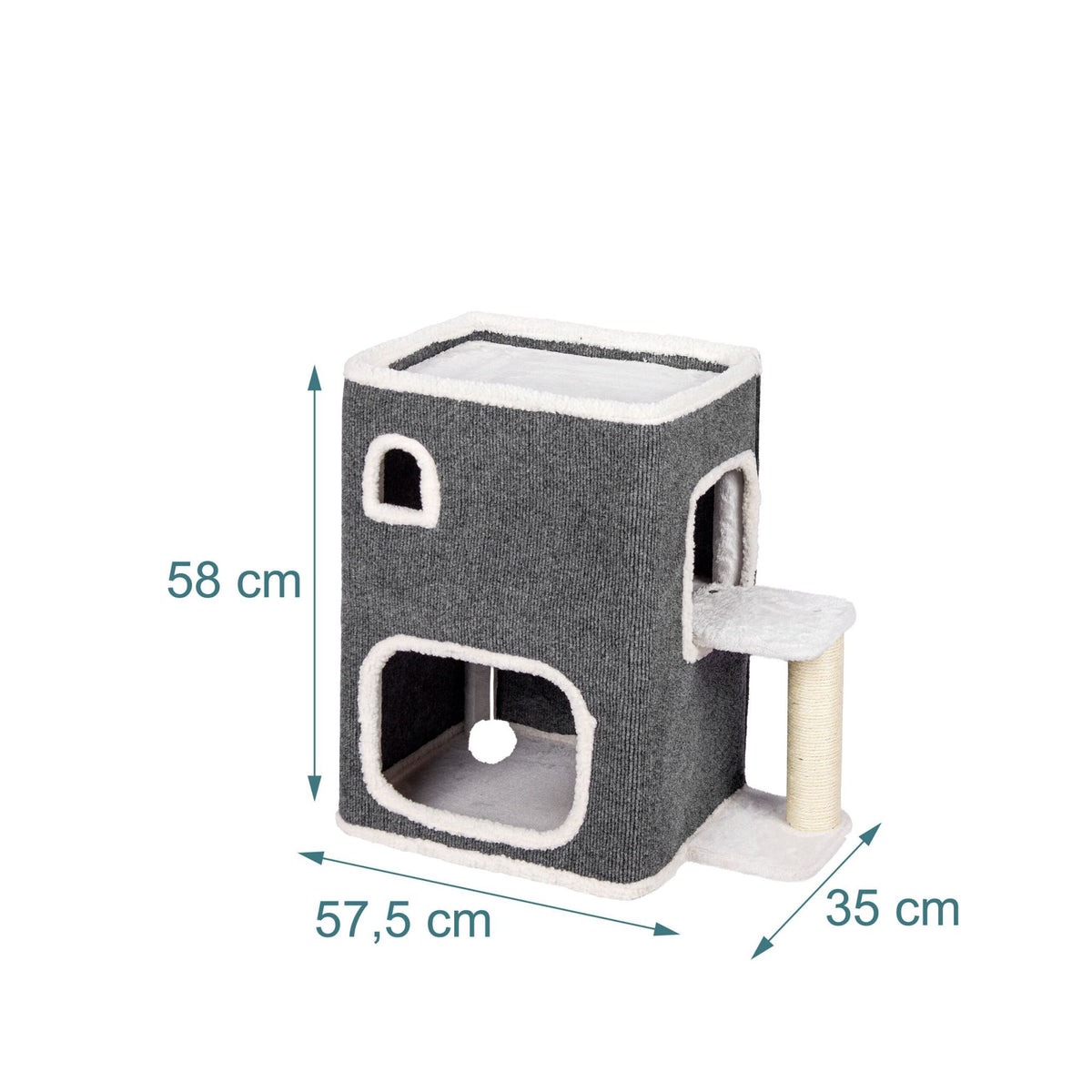 2-Storey Cat House with Sisal Post and Toys - Grey