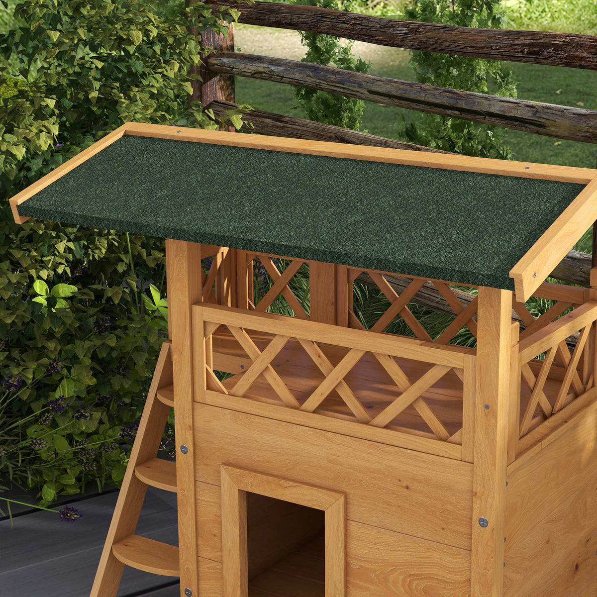 2-Story Cat House With Asphalt Roof & Balcony, Solid Wood Cat Villa With Stairs, Natural, 77X50X73Cm