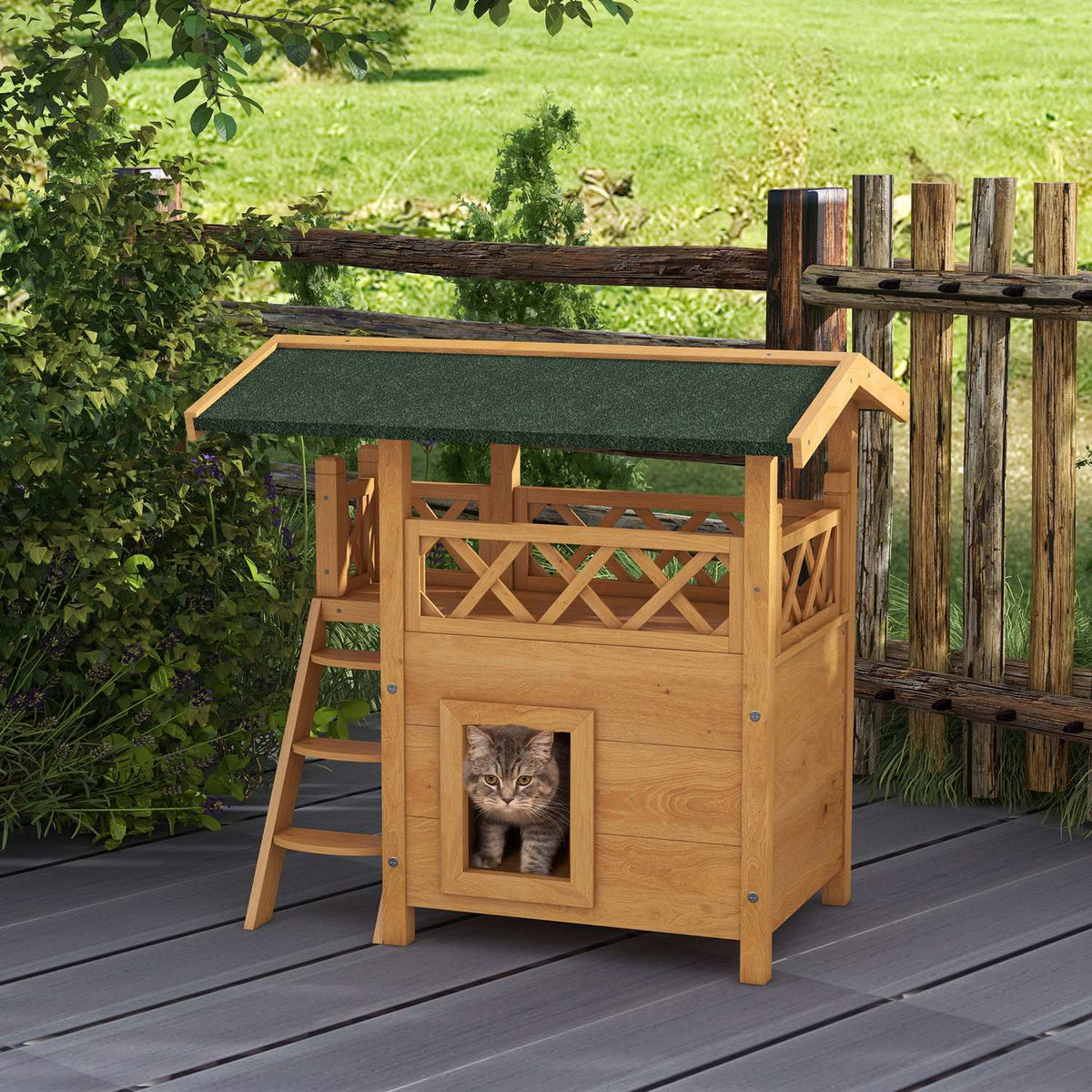 2-Story Cat House With Asphalt Roof & Balcony, Solid Wood Cat Villa With Stairs, Natural, 77X50X73Cm