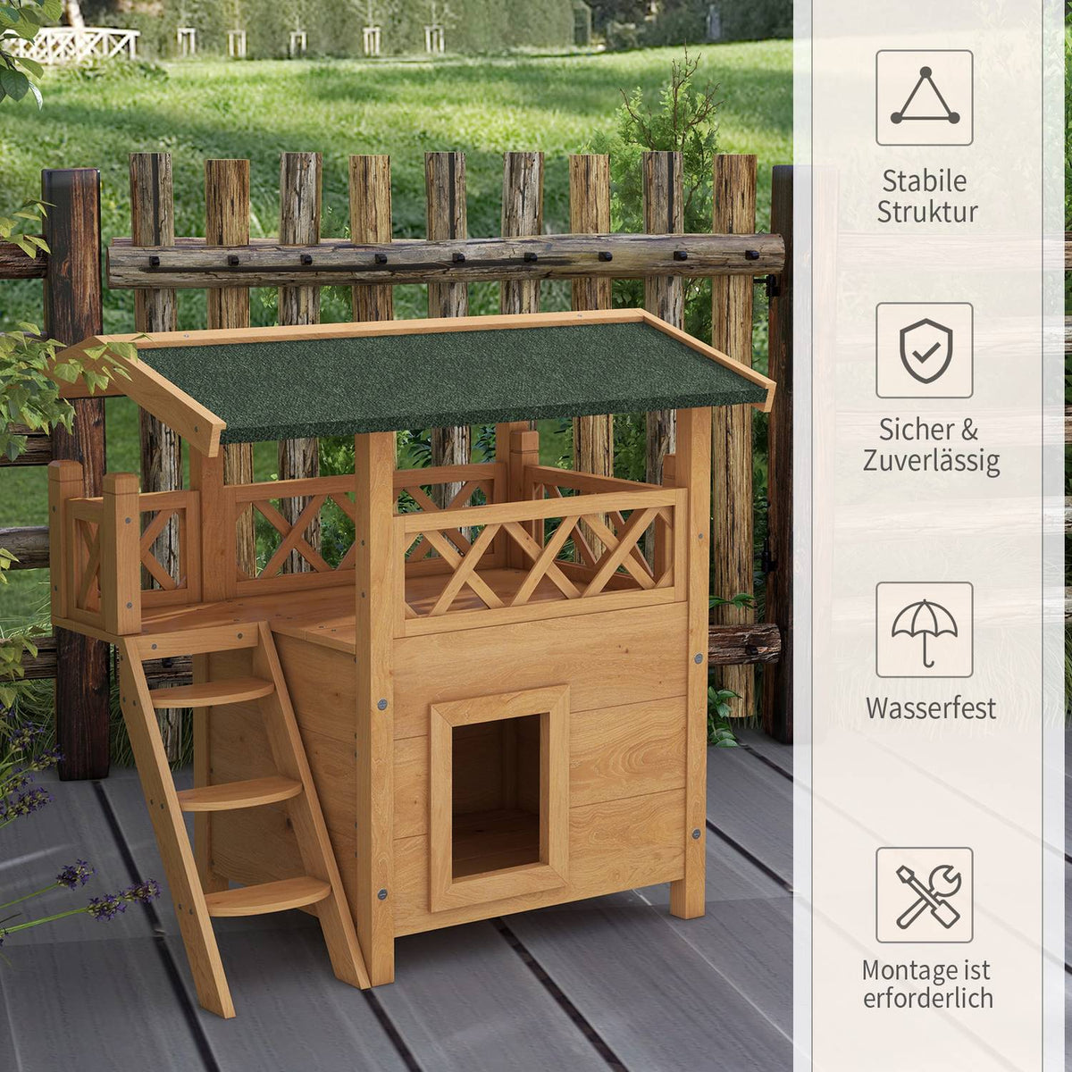 2-Story Cat House With Asphalt Roof & Balcony, Solid Wood Cat Villa With Stairs, Natural, 77X50X73Cm