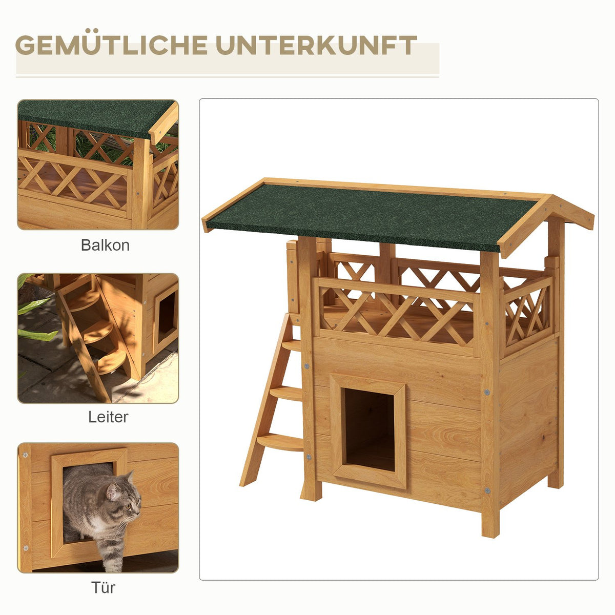 2-Story Cat House With Asphalt Roof & Balcony, Solid Wood Cat Villa With Stairs, Natural, 77X50X73Cm