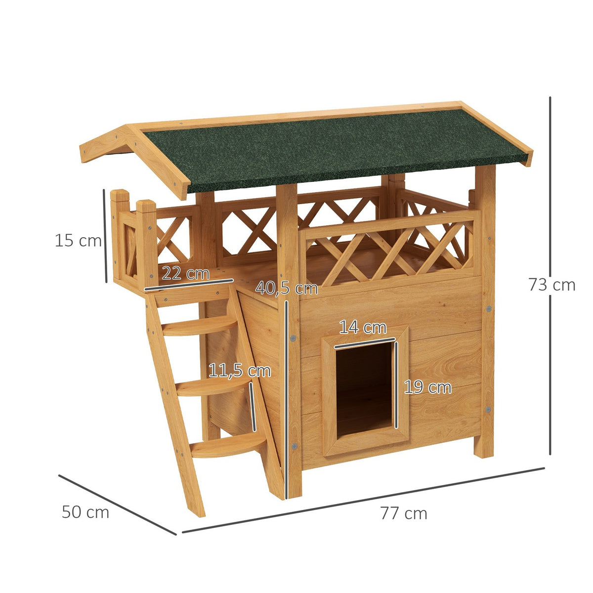 2-Story Cat House With Asphalt Roof & Balcony, Solid Wood Cat Villa With Stairs, Natural, 77X50X73Cm