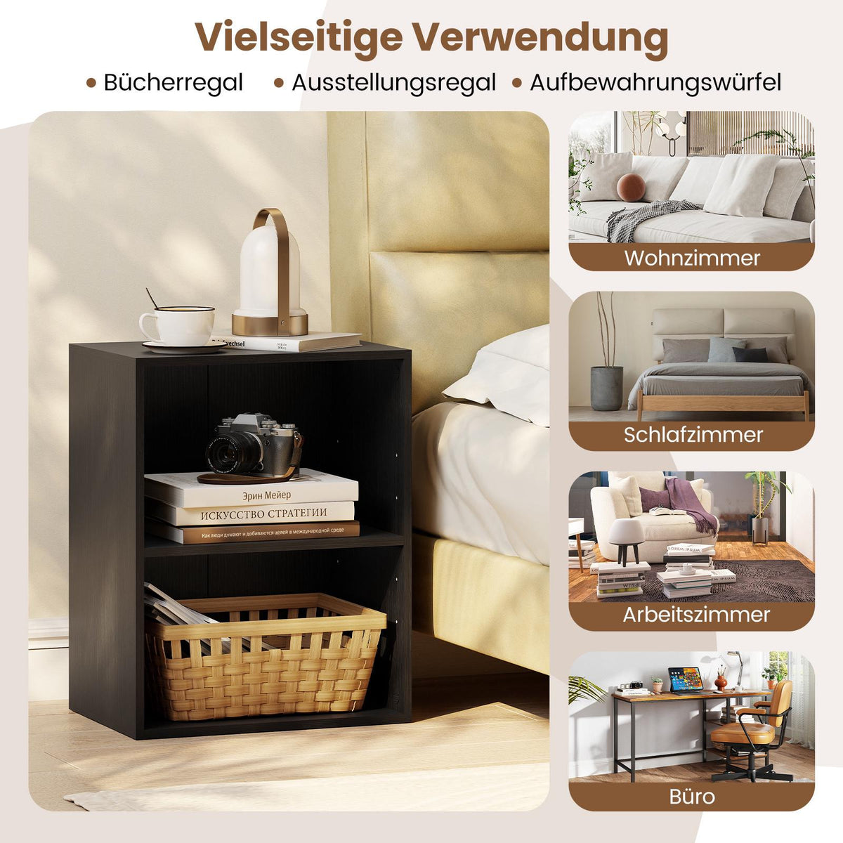 2-Tier Black Wood Bookshelf with Adjustable Shelves