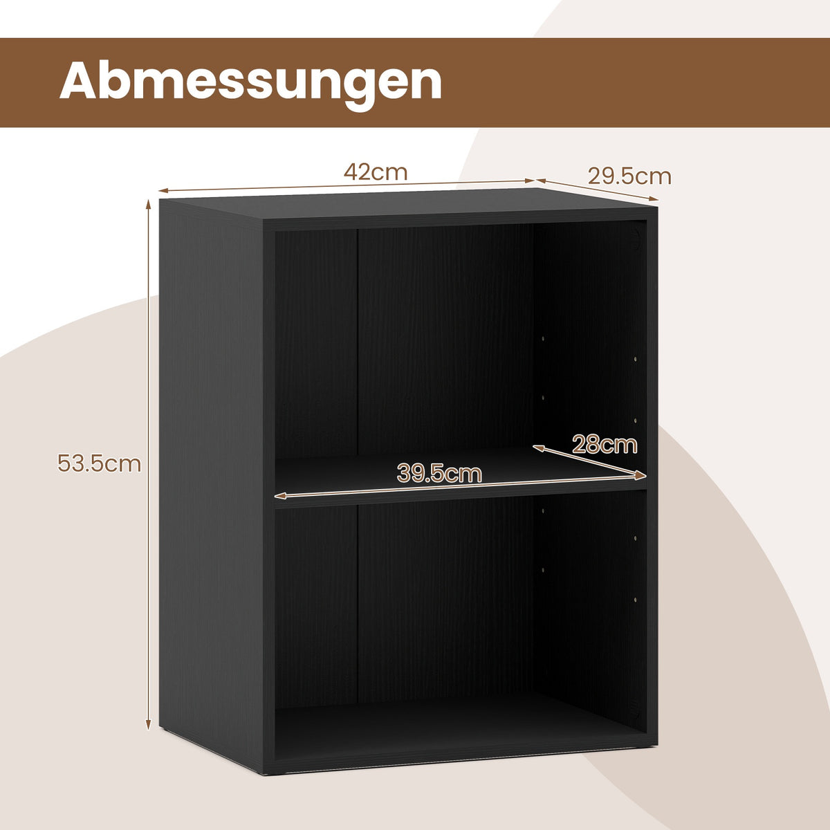 2-Tier Black Wood Bookshelf with Adjustable Shelves