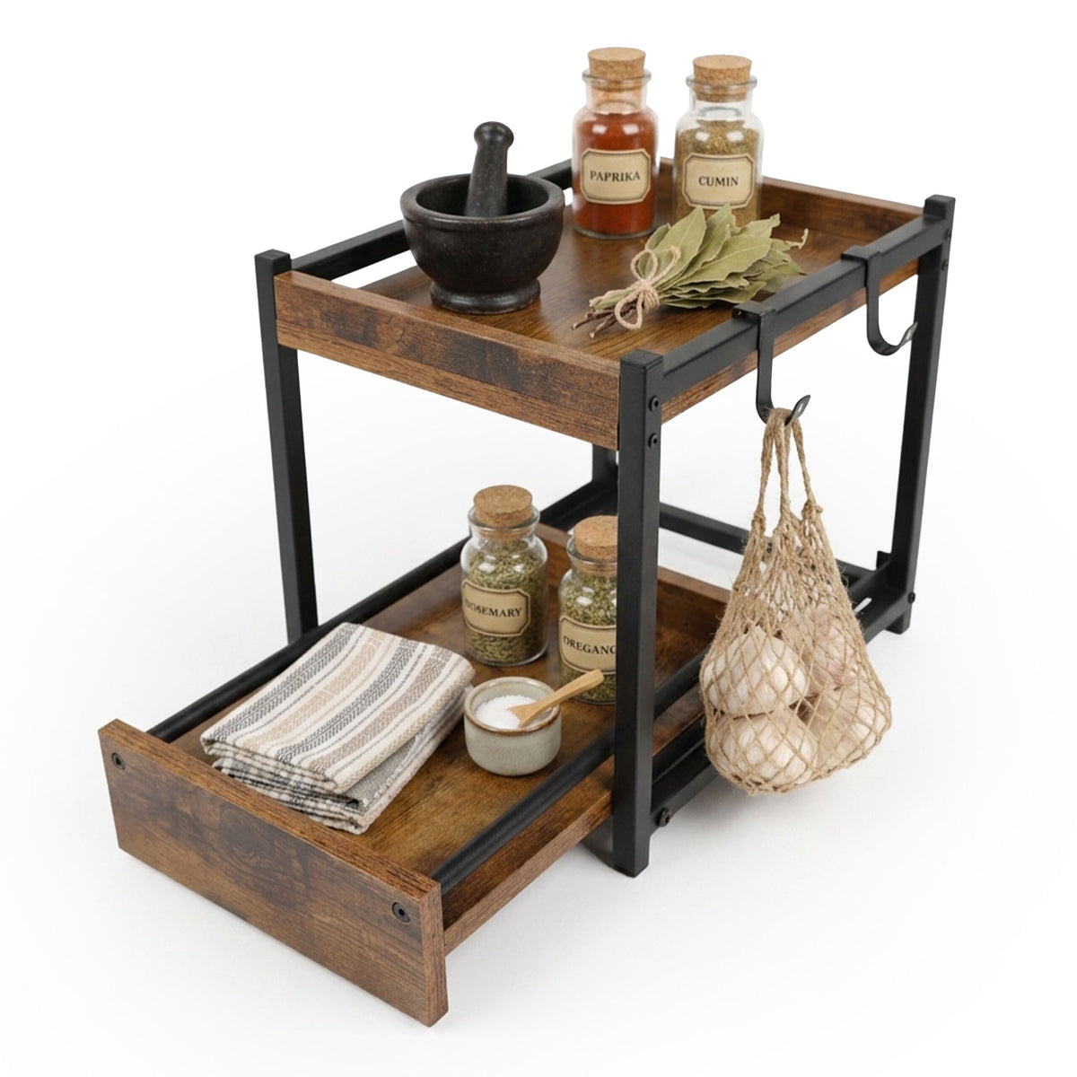 2-Tier Brown Spice Rack with Hooks & Pull-Out Drawer
