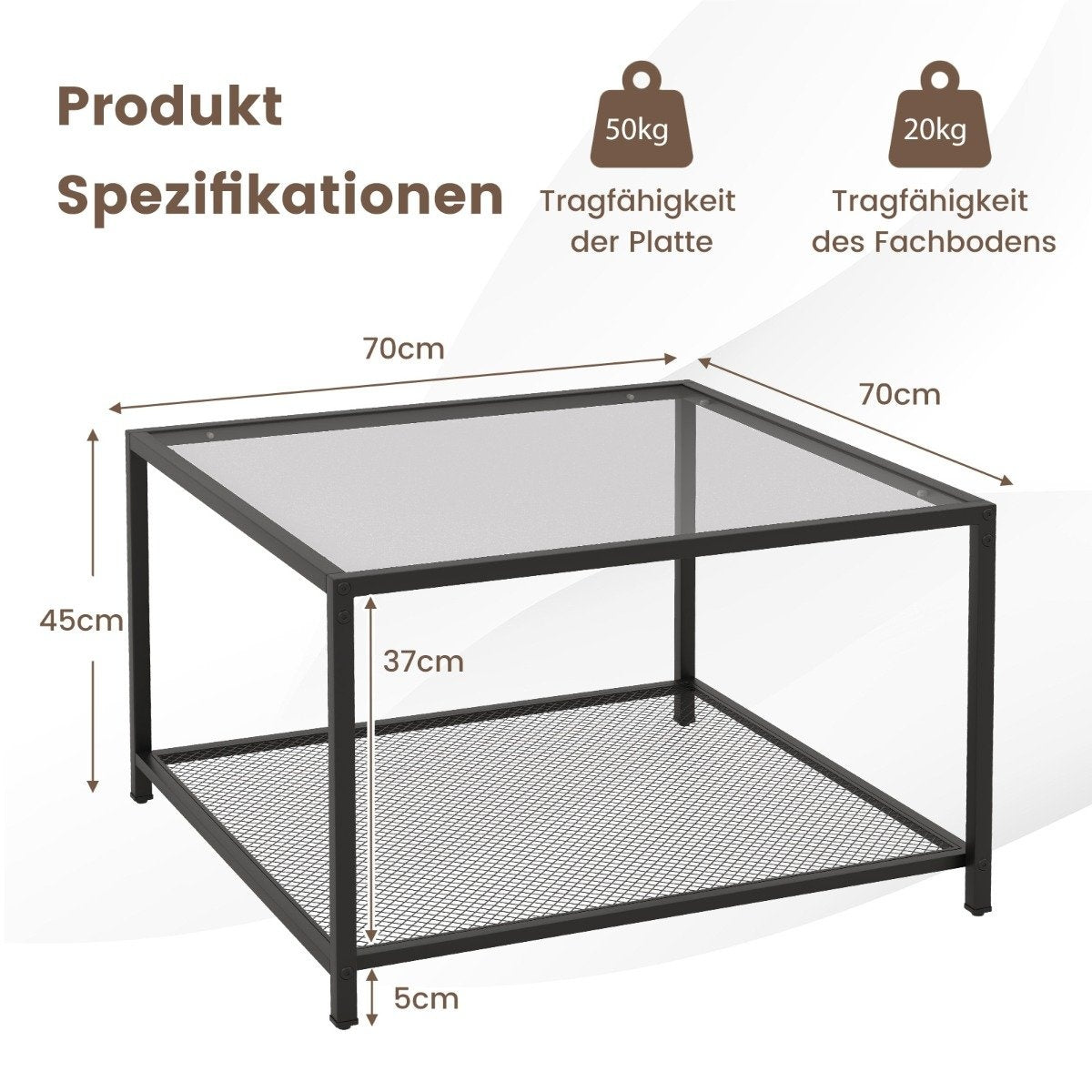 2 Tier Glass Table with Storage Space & Mesh Shelf Modern Square Coffee Table 70 x 70 x 45 cm Gray